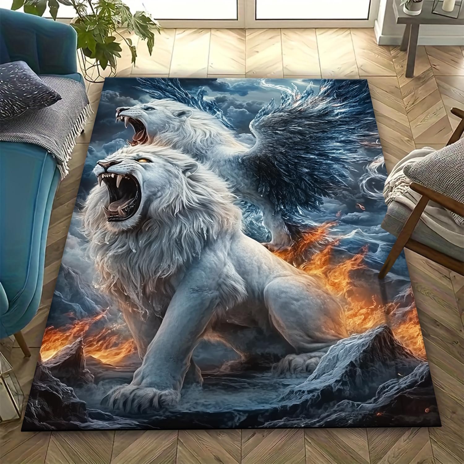 Tapis lion 3D 200x300 cm grand format lavable pour chambre d'enfant