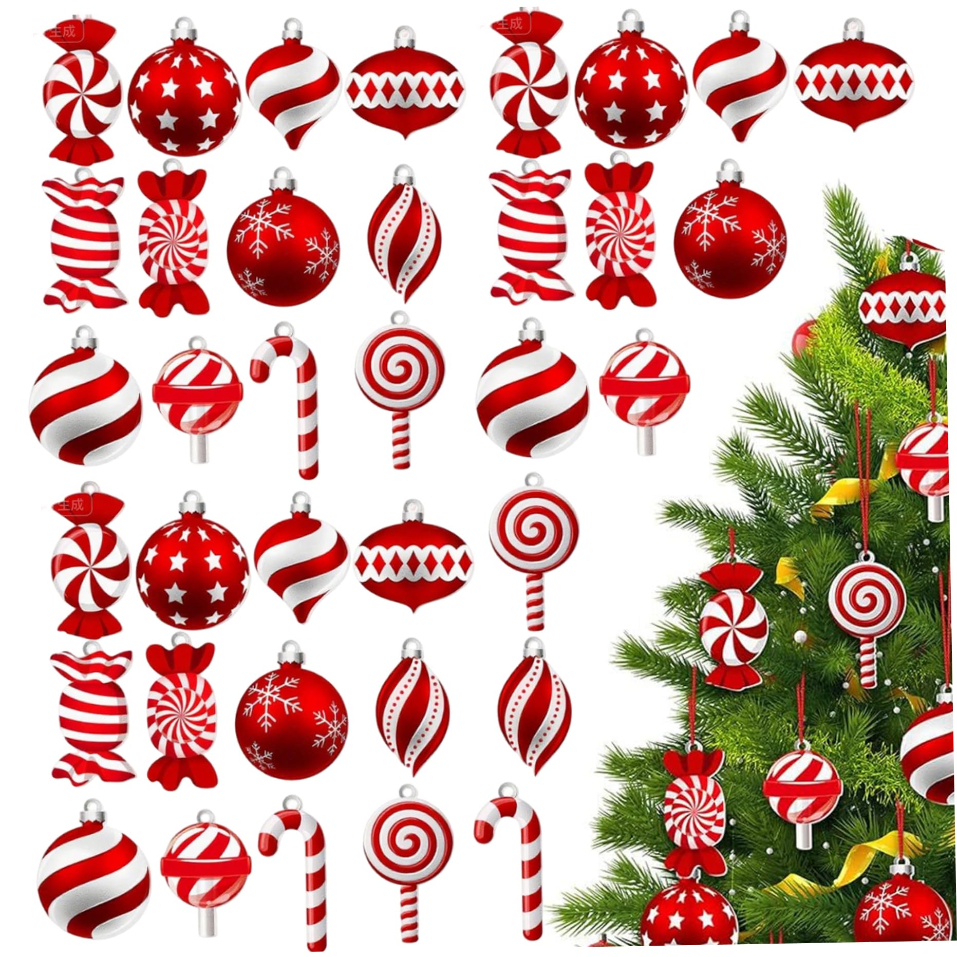 CAKEEYUM 36Pcs/Set Christmas Tree Decorations Wooden Candy Hanging Christmas Ornaments Set with Ropes for Home Party Holiday Tree Decorations, Ornaments, C