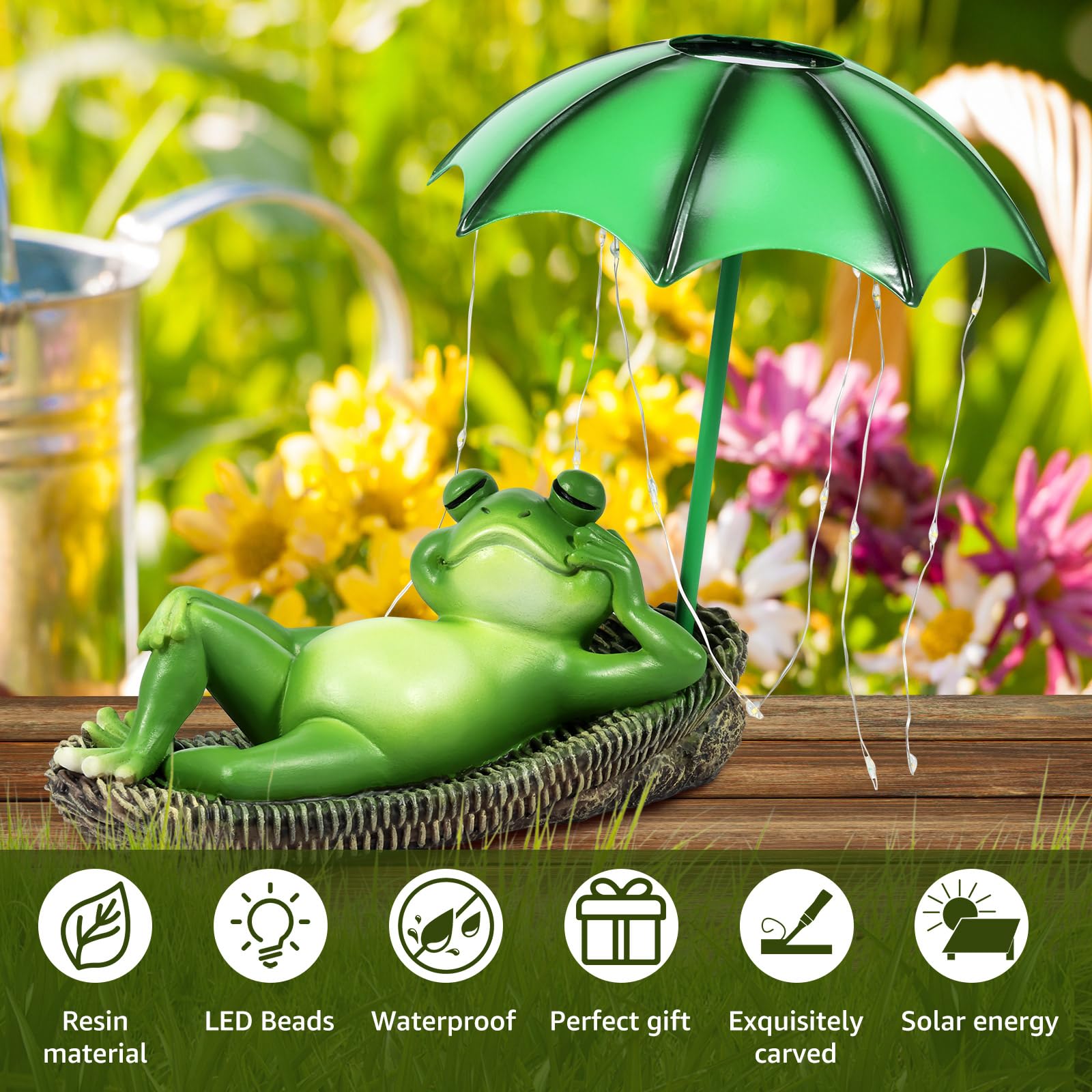 Solar Frog Statues Garden Ornaments Outdoor Garden Decoration Lazy Frog and Umbrella Figurine Waterproof Resin LED Lights Decor for Home Patio Balcony Yard Housewarming Gifts Mothers Gifts for Mum - Image 2