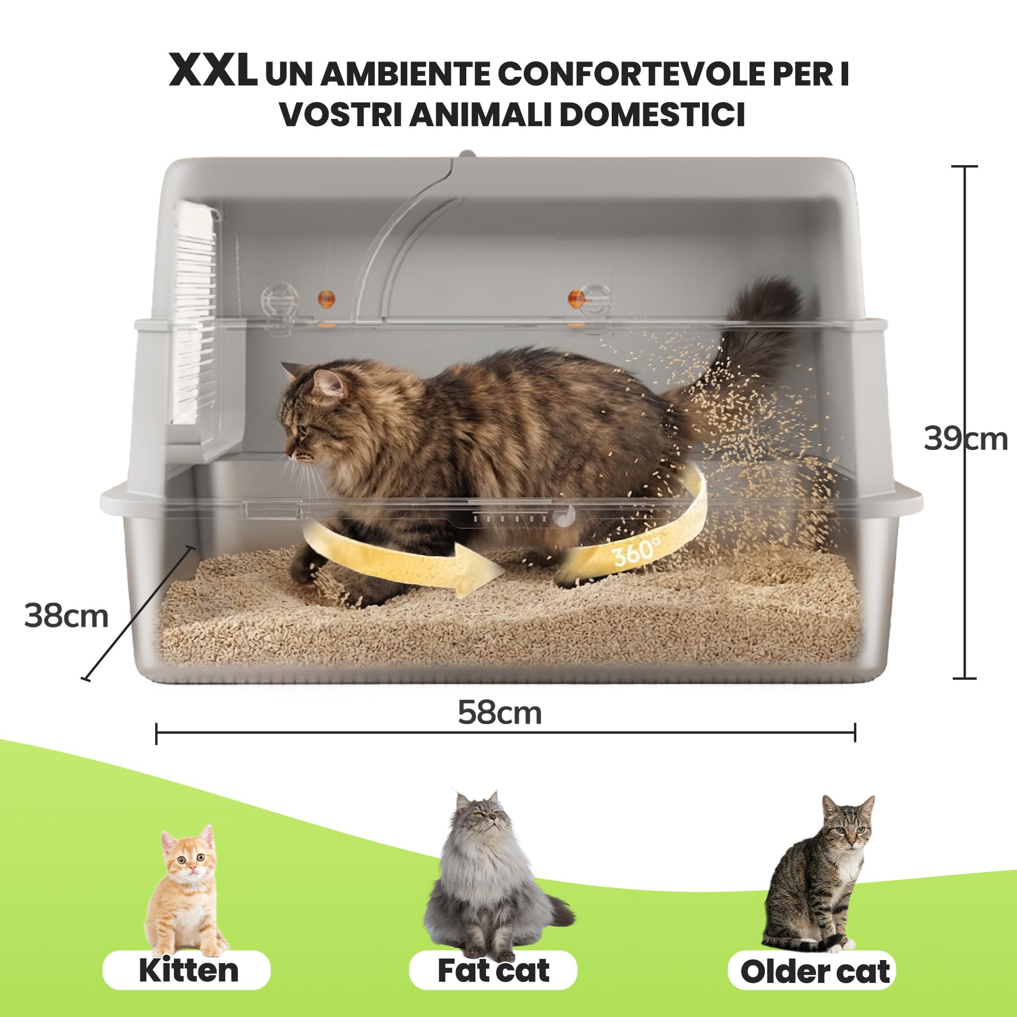 XXL Lettiera Gatto Chiusa in Acciaio Inox – 3-in-1 Lettiera Gatto Chiusa Grande con Coperchio, Modulare, con Filtro a Carbone Attivo, Coperchio Ribaltabile 180°, Pala Metallica & Tappetino