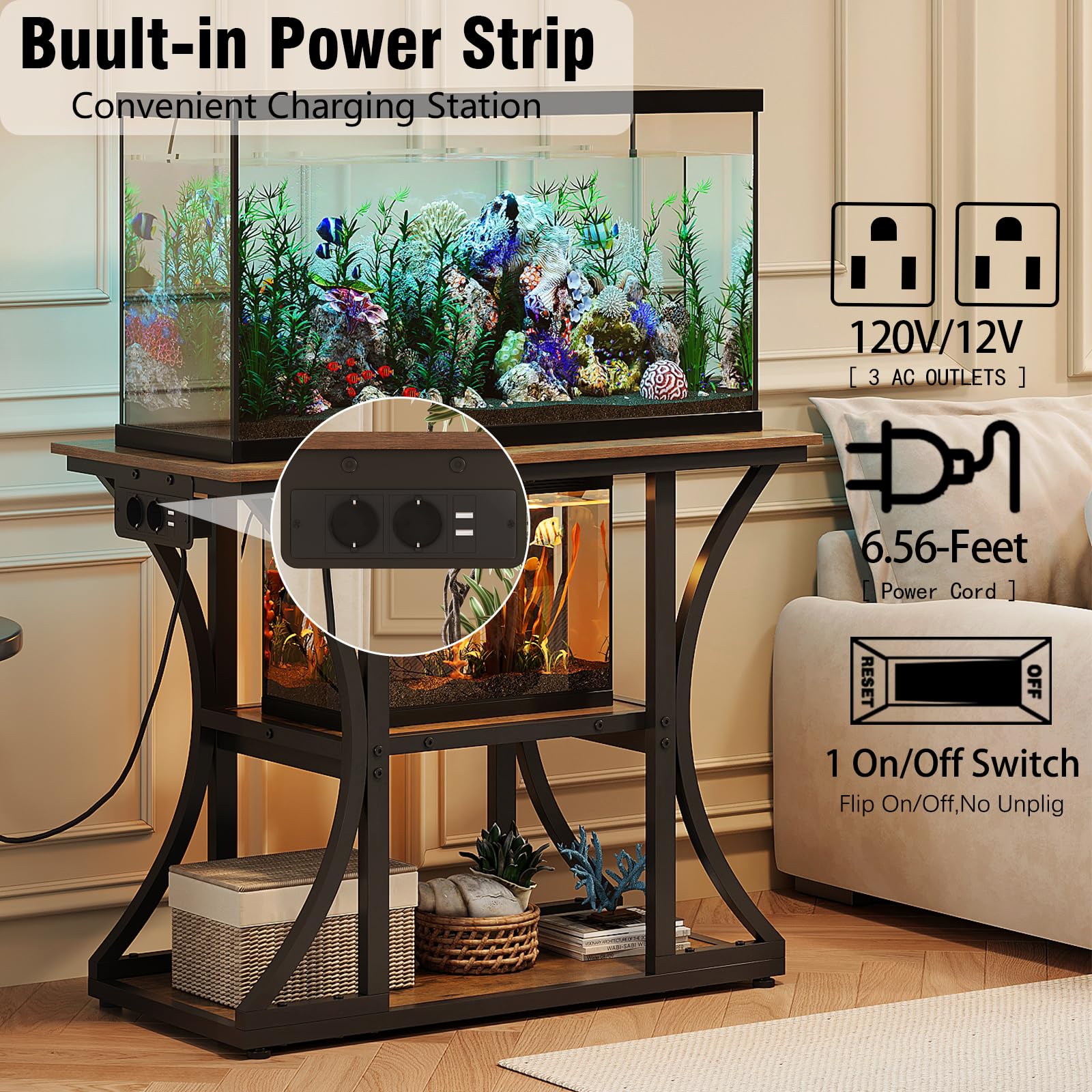 VEDECASA Supporto per acquario da 50 galloni con prese, scaffale rustico per acquario con 3 livelli, cassetto in tessuto per acquari, rettili e terrari, robusto telaio in metallo (marrone)
