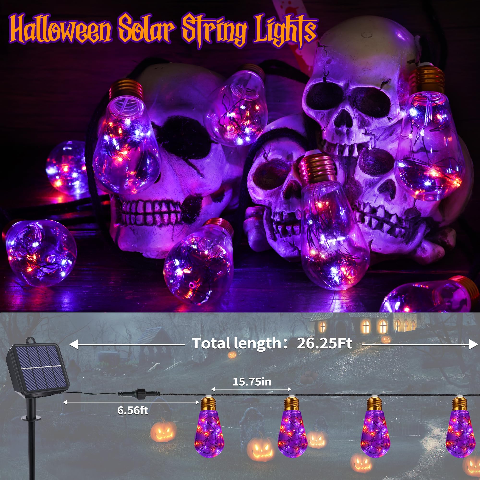 Geemoo Halloween Decorazioni Esterno, 8M 160LED Luci Stringa Solare con 16 Lampadine,Arancia Viola Catena Luminosa con Impermeabile, 8 Modalità, per Halloween Giardino Balcone Patio Festa Interno