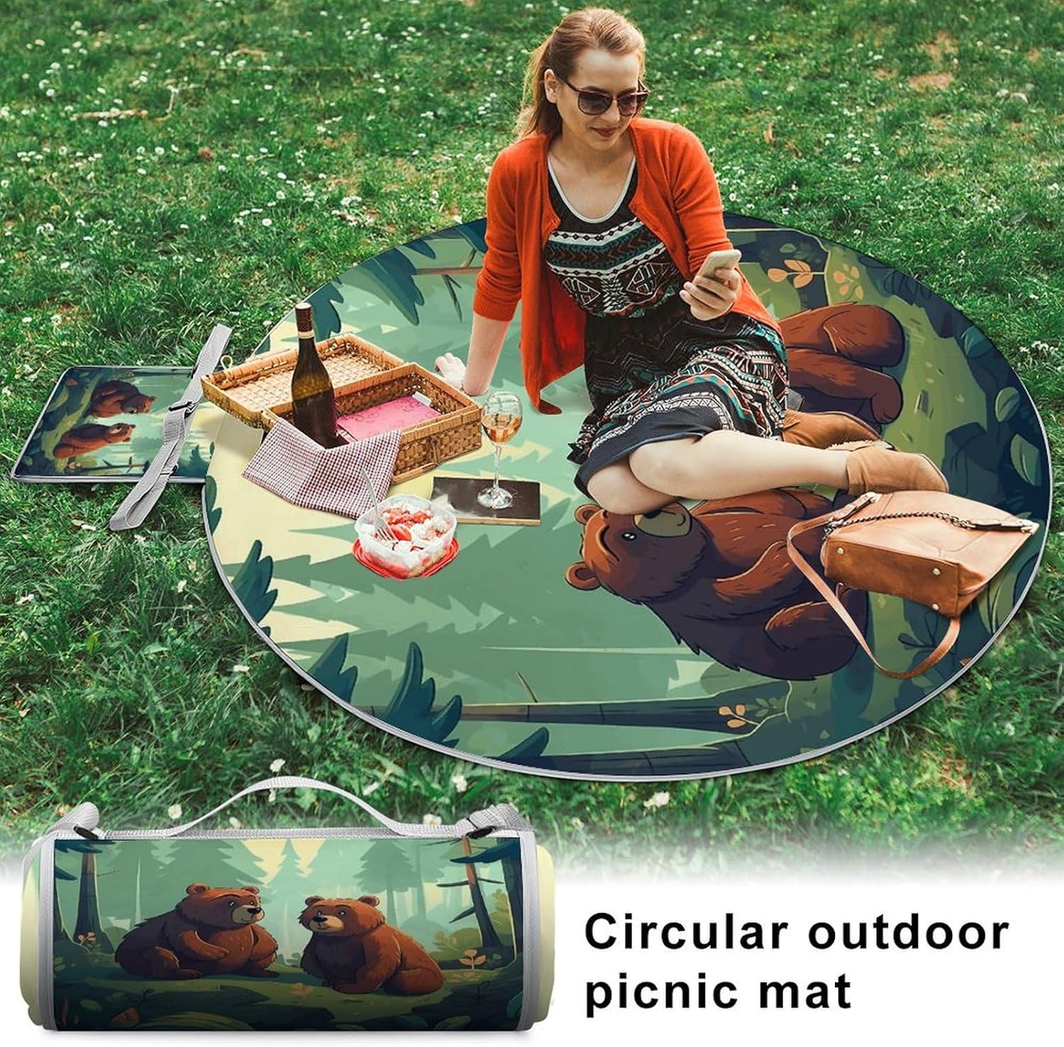 Hand Drawn Bear Picnic Mat Lightweight Waterproof Picnic Blankets Extra Large Picnic Outdoor Blankets Foldable Sandproof Beach Blanket for Park Beach Camping Courtyard 58.3''x58.3''