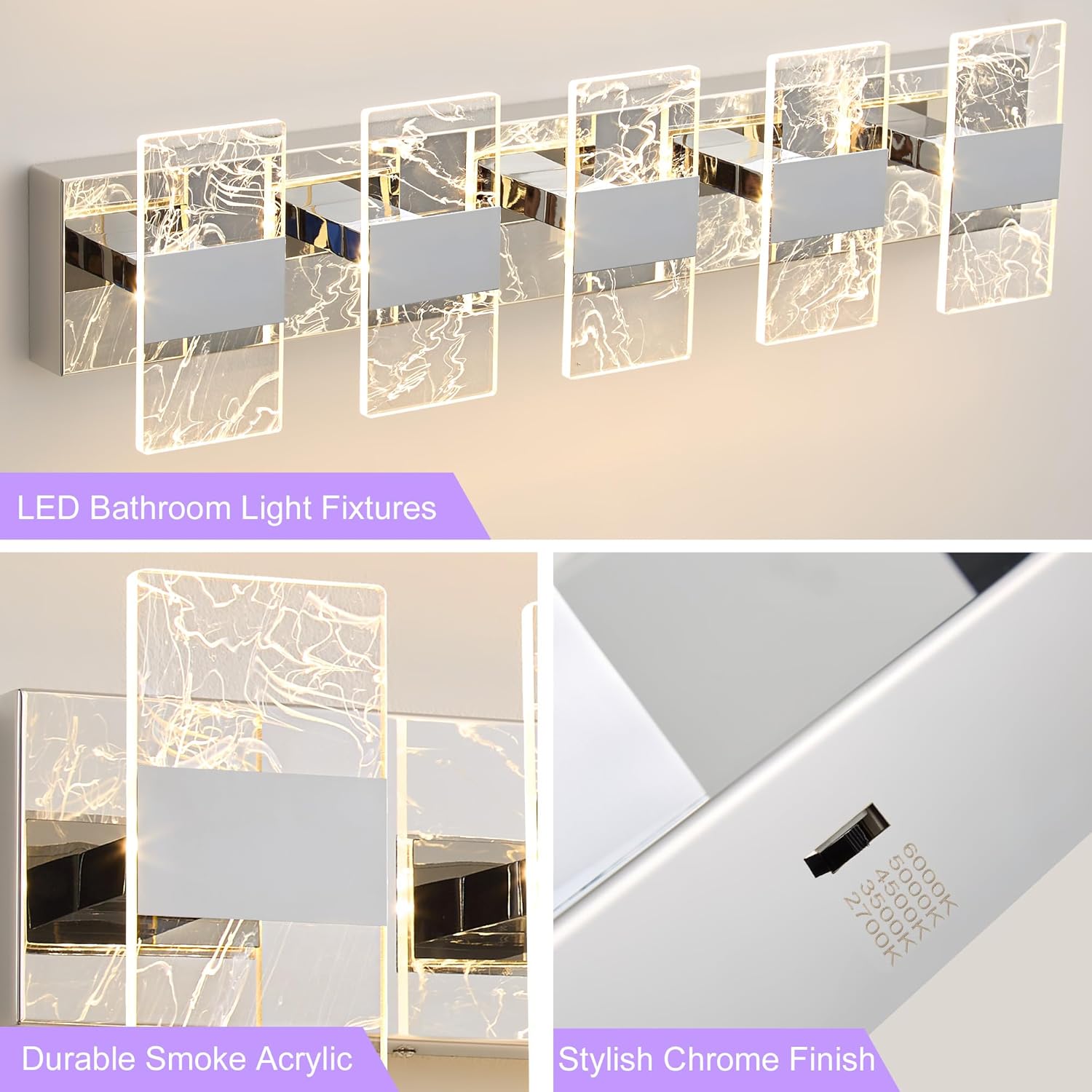 Modern LED Bathroom Light Fixtures Dimmable 5-Light Chrome Vanity Light, 5CCT Adjustable Lighting Fixture Vanity Lights Over Mirror, Smoked Acrylic LED Vanity Lights for Bathroom