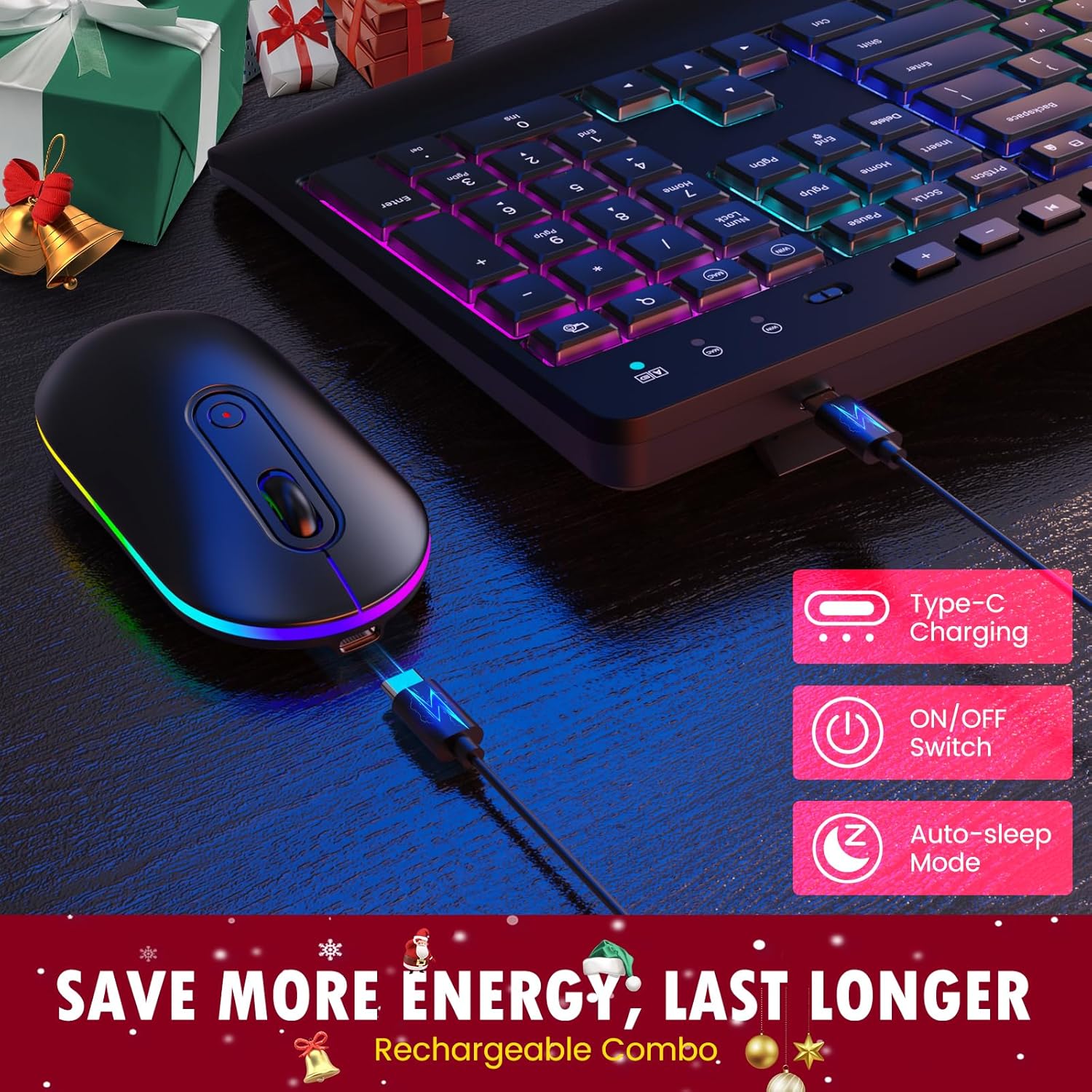 Keyboard and mouse with charging ports and on/off switches