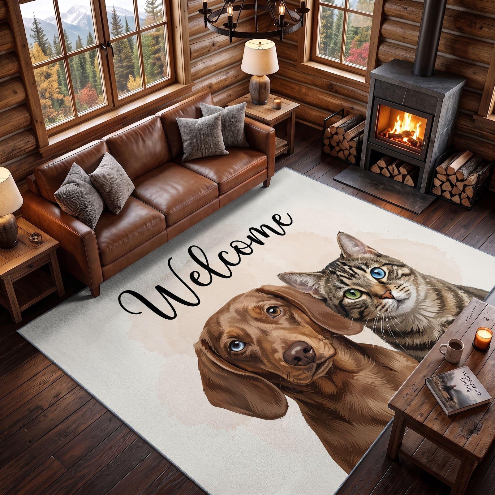 Braun Teppich Wohnzimmer 80 x 150 cm, Waschbarer Modern Rustikal Hund Katze Text Teppich,rutschfest Kurzflorig Weich Teppiche für Wohnzimmer Schlafzimmer Esszimmer Büro
