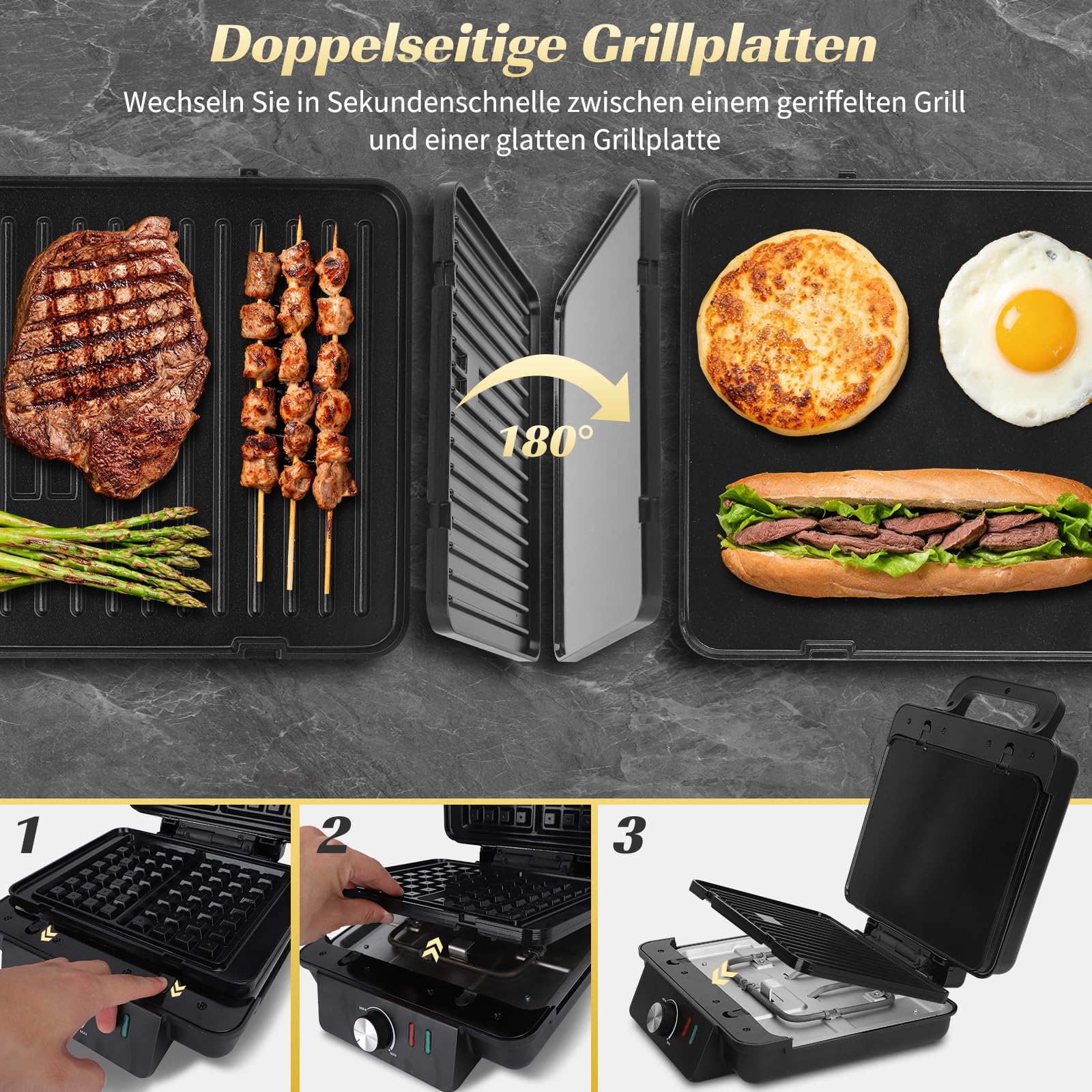 Aigostar Waffeleisen, Kontaktgrill & Sandwichmaker 3 in 1, XL, 1500 W | keramische Antihaftbeschichtung, einstellbare Temperatur, Multifunktionsgerät mit abnehmbaren Platten, BPA- und PFAS-frei