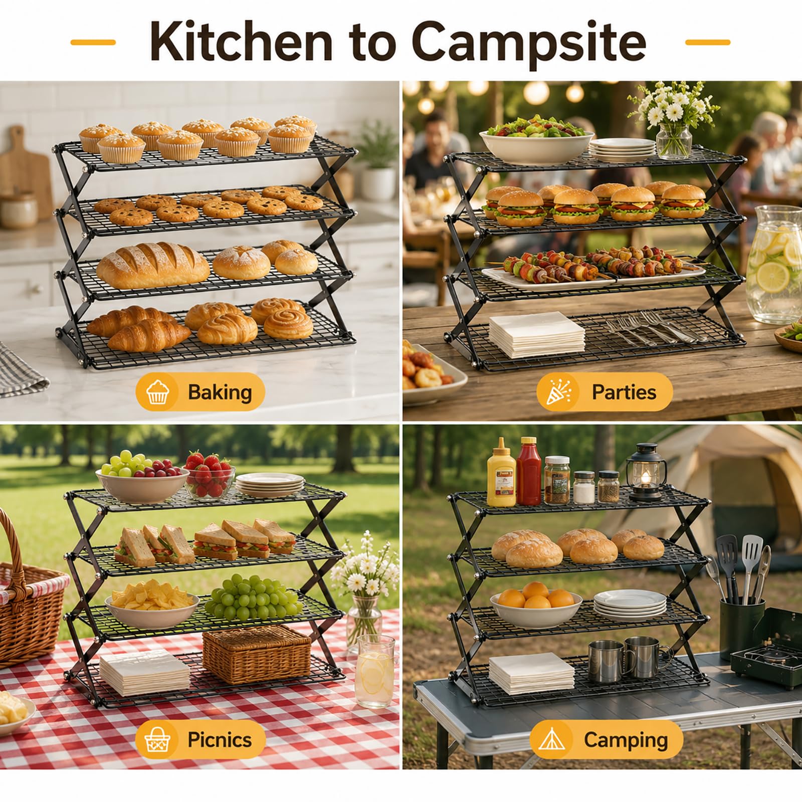 Grille de refroidissement pliable à 4 niveaux – 40,6 x 25,4 cm, réglable, empilable, antiadhésif, pour la cuisson, le rôti, les cookies, les gâteaux, le séchage, le pique-nique et le barbecue, chaque