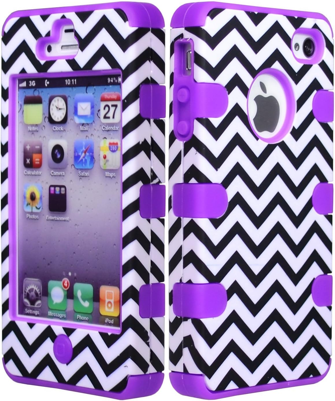JUSTING@Black & White Chevron Pattern Hybrid Hard Shell Case for Iphone 4/4S with Free Screen Protector+Stylus Pen (purple)