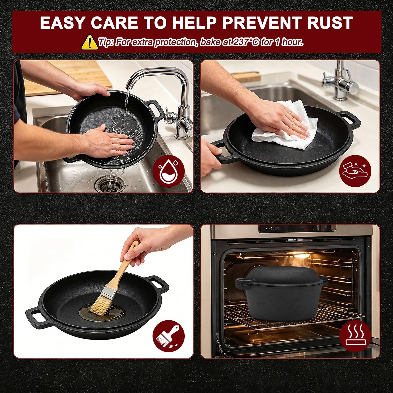 Marmite à pain 2 en 1 en fonte avec couvercle, casserole de 4,7 l + couvercle de 1,5 l, casserole ronde pour la cuisson du pain, braiser et cuire au four, cuisinière à gaz, électrique et à induction