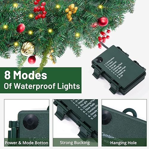 Miniatura 5 de Guirnalda de Navidad de 6 pies con luces, guirnalda iluminada a pilas con conos de pino, ramas exuberantes de bayas rojas, 50 luces LED, 8 modos,