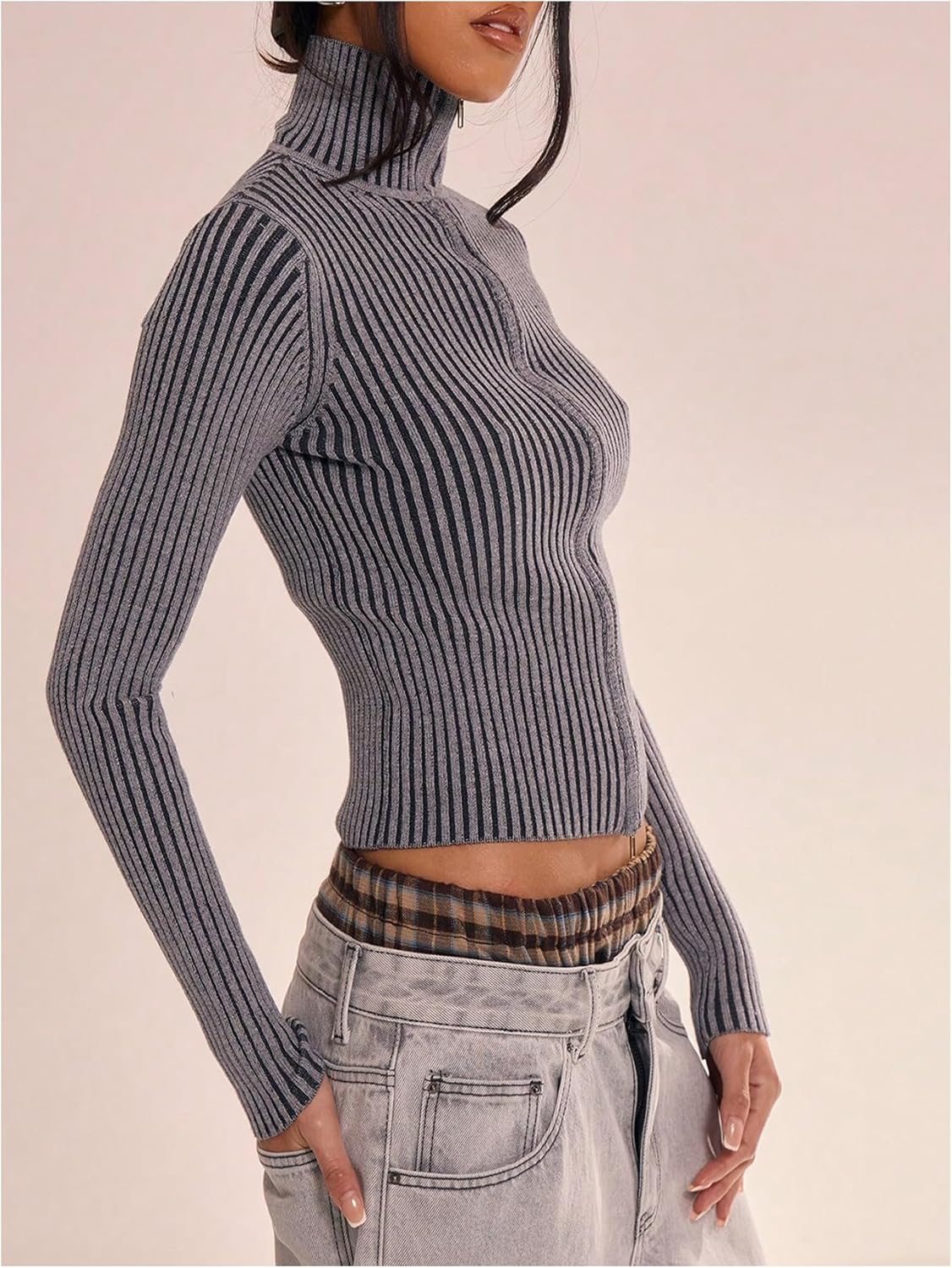 MakeMeChic Women's Y2K Cropped Sweater Cardigans Striped Zip Up Cardigan High Neck Fall Sweaters Crop Tops - Image 2