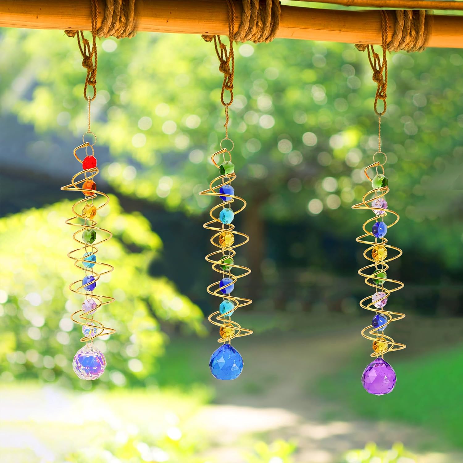 5 Pcs Wind Spinner Tail Gazing Ball Spiral 9'' for Indoor Outdoor Hanging Decor, Rainbow Maker Crystal Chime Sun Catcher w Seven Chakra Beads and Hook Decorative for Window Home Garden Birthday Gift
