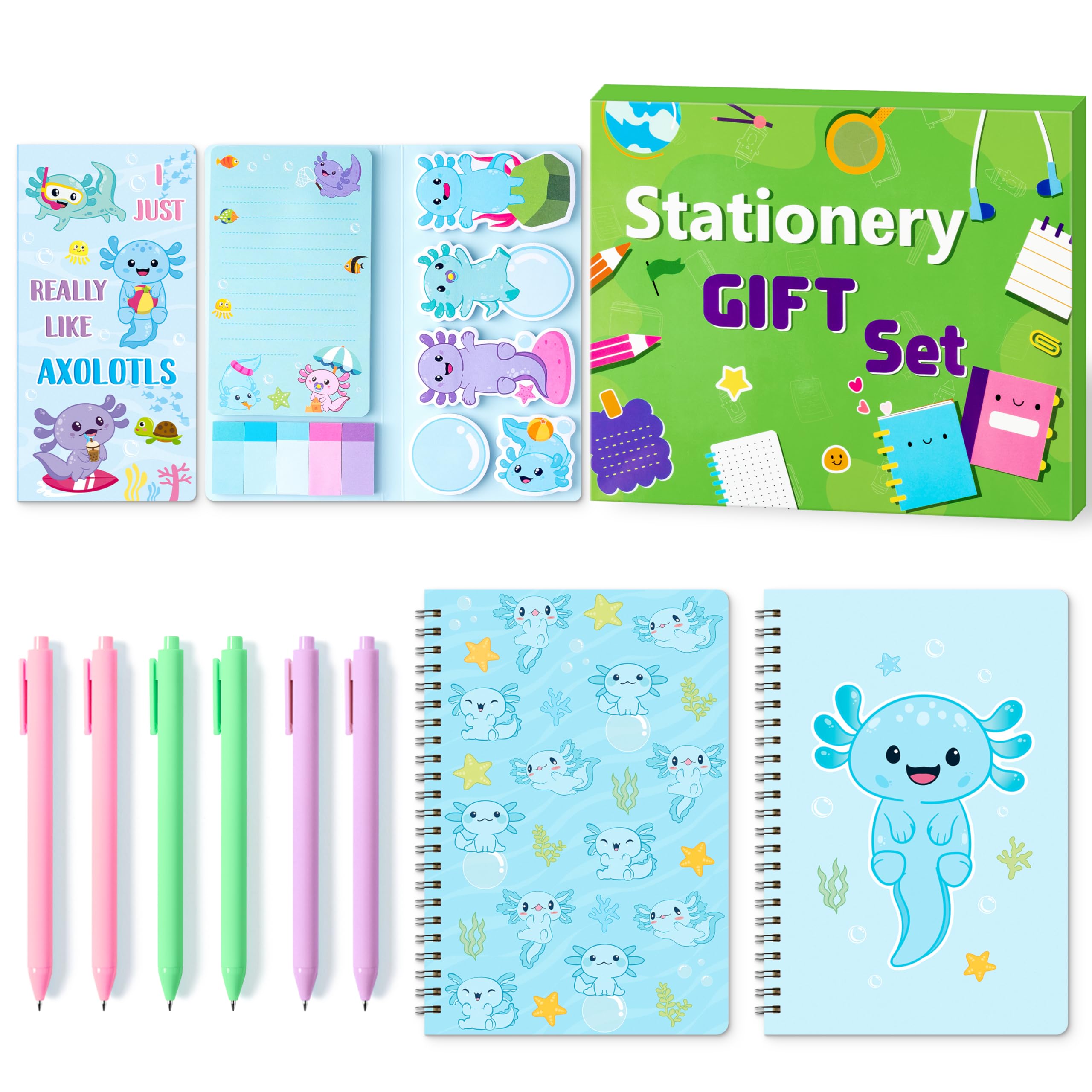 Xqumoi Axolotl Haftnotizen, A5, Schreibwaren-Set – Axolotl selbstklebende Notizblöcke, Spiralnotizbücher, schwarzer Gel-Kugelschreiber, Schule, Bürobedarf, Lehrer, Wertschätzungsgeschenk mit Box (blau