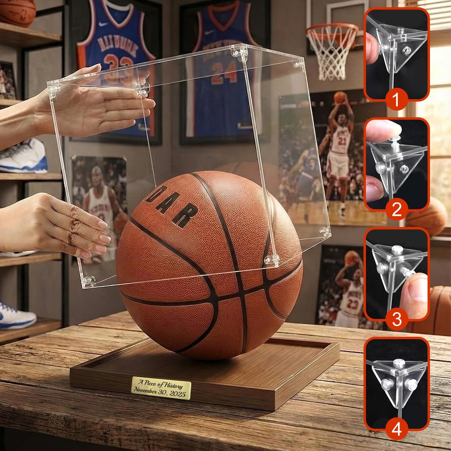 Personalized Basketball Display Case with Wood Base & Acrylic Cover | Custom Message Engraving on Laser-Etched Metal Plaque | Official Game Ball Box for Sports Memorabilia, Birthday