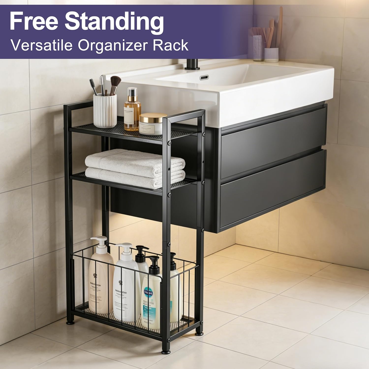 Free Standing Toilet Paper Holder with Shelf, Adjustable Feet Bathroom Toilet Paper Holder Stand for Narrow Space, Roll Dispenser Tissue Holder, Holds Multiple Rolls and Keeps Paper Dry and Clean