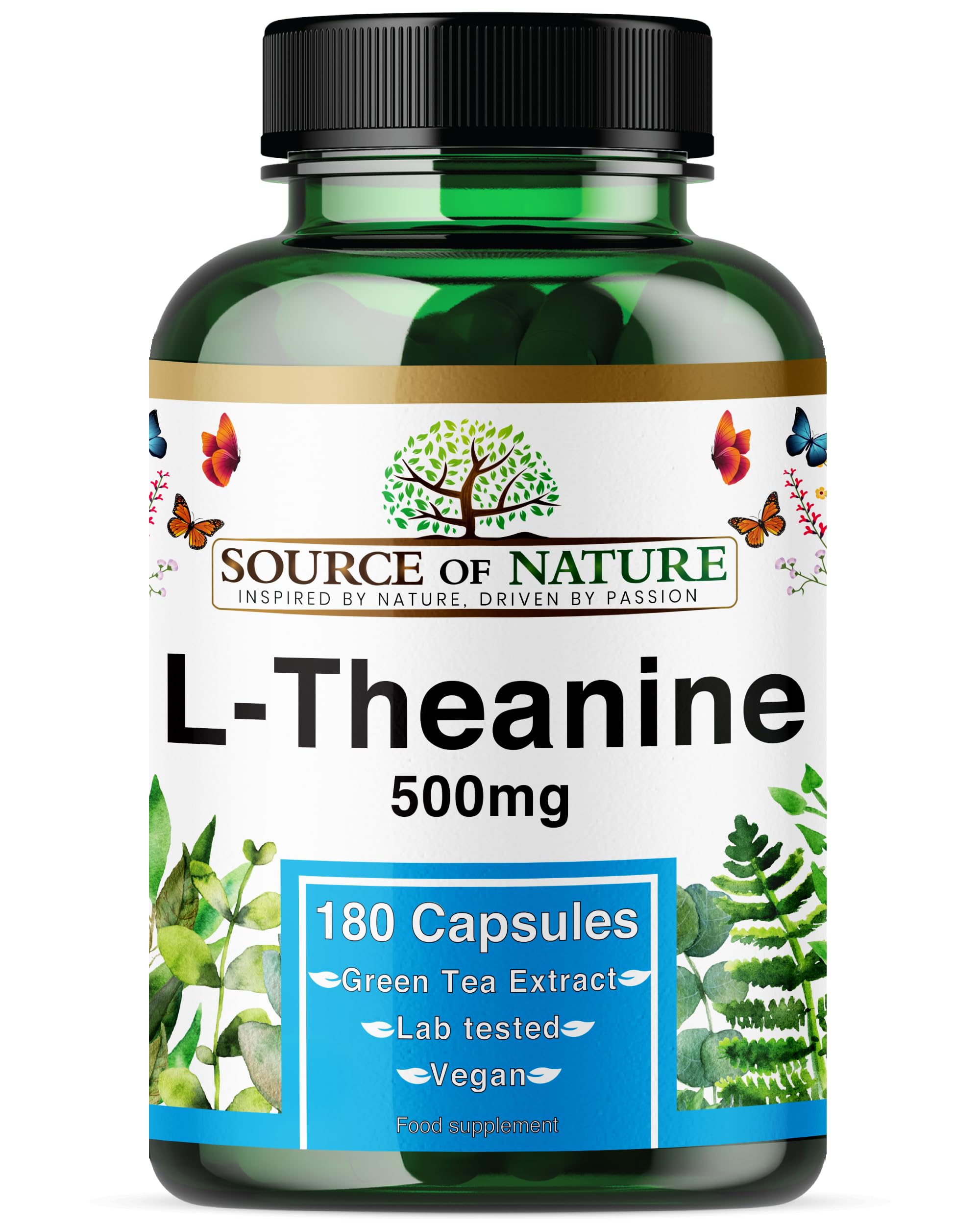 L-Teanina 500 mg – 180 Wegańskich Kapsułek – Wysoka Dawka Aminokwasu z Zielonej Herbaty | 6-Miesięczny Zapas | 98% Czystości, Bez Dodatków | Wyprodukowano w Danii