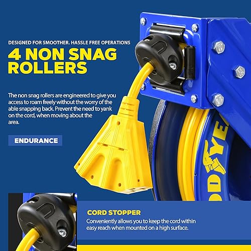 Miniatura 4 de Goodyear Carrete de cable de extensión retráctil de 14 AWG x 100 pies 3C SJTOW Cable SJTOW Conector triple Clasificación de potencia 125 voltios CA