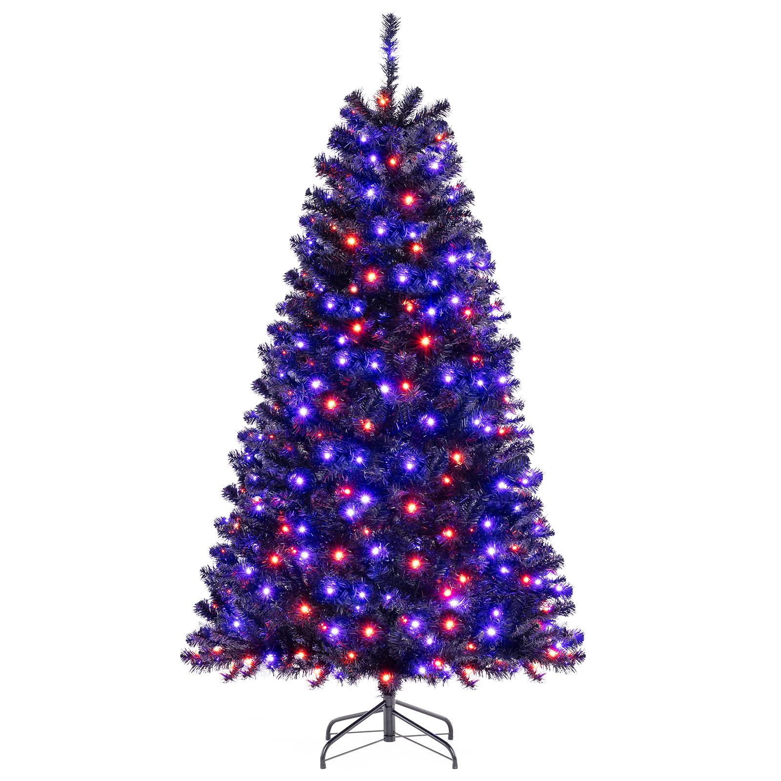Goplus 6 FT Pre-Lit Black Christmas Tree, Artificial Hinged Halloween Tree with 280 Orange & Purple LED Lights, 6 Lighting Modes, Spooky Sounds, 758 Branch Tips, Xmas Tree for Home Office Decoration 6 FT Orange+purple