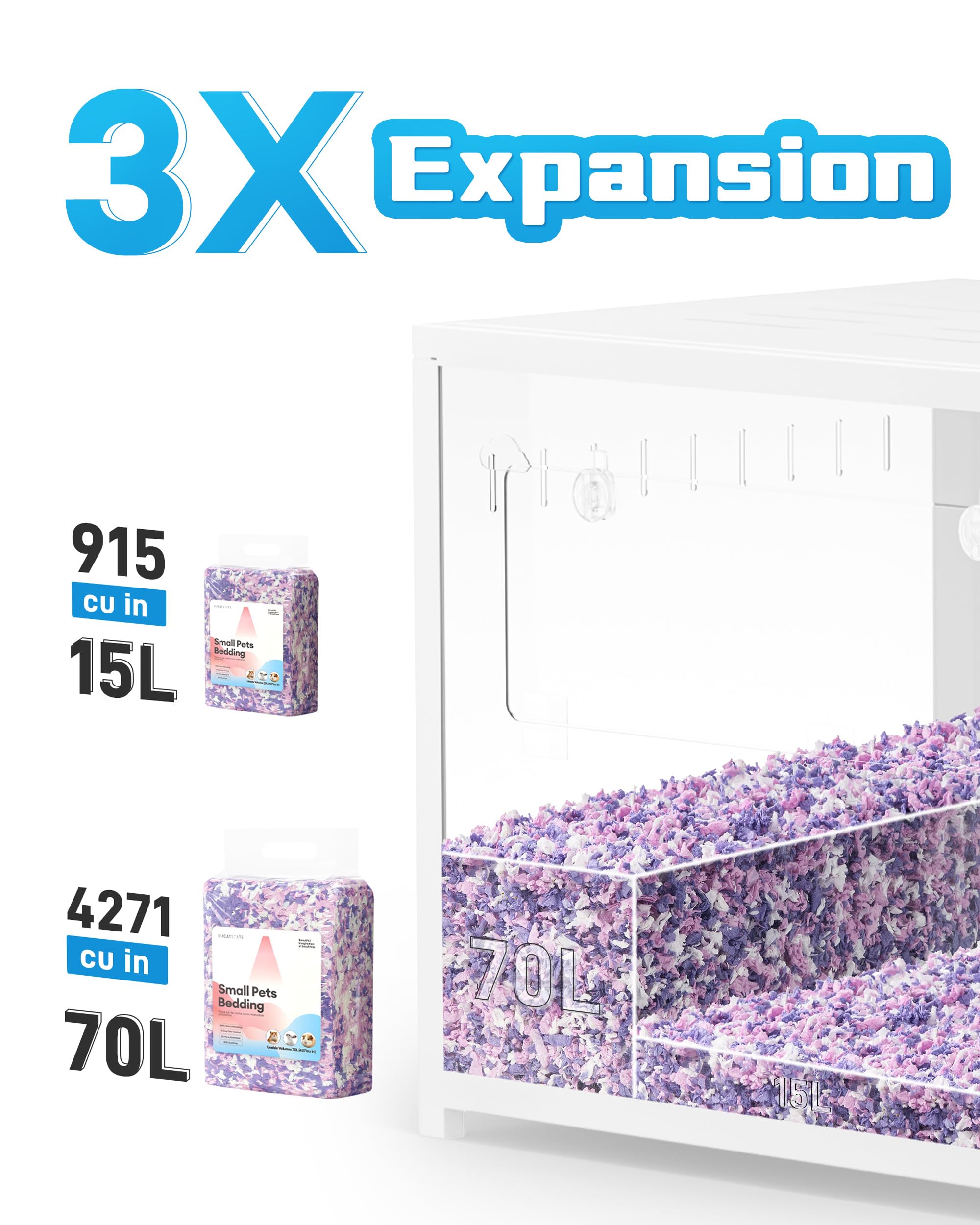 BUCATSTATE Litières pour Hamsters 70L, Super Absorbante & 99,9% sans Petit Animal Papier Poussière pour Souris, Rats, Rongeurs, Cochon d'Inde, Chinchilla