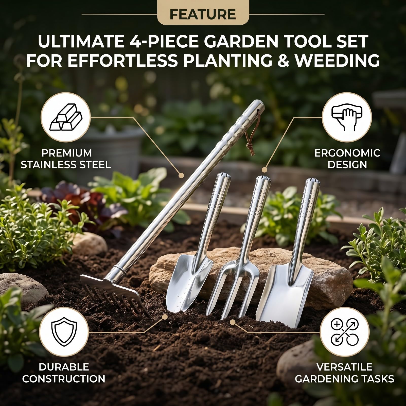 Fafeicy Set di 4 Attrezzi da Giardino in Acciaio Inox, Rastrello a Mano e Paletta per Scavare, Diserbare il Terreno, Coltivare, Kit da Giardinaggio Compatto per Fioriera Domestica
