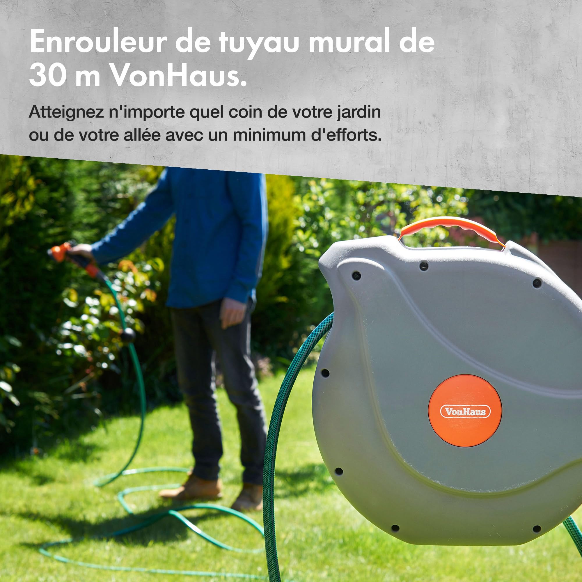 VonHaus Enrouleur Tuyau Arrosage Mural 30 m, Tuyau Arrosage avec Enrouleur, Verrouillage et Enroulage, Fixations Murales, Pulvérisateur 8 Fonctions (30 m) | Tuyau Arrosage avec Enrouleur, Verrouillage et Enroulage, Fixations Murales, Pulvérisateur 8 Fonct