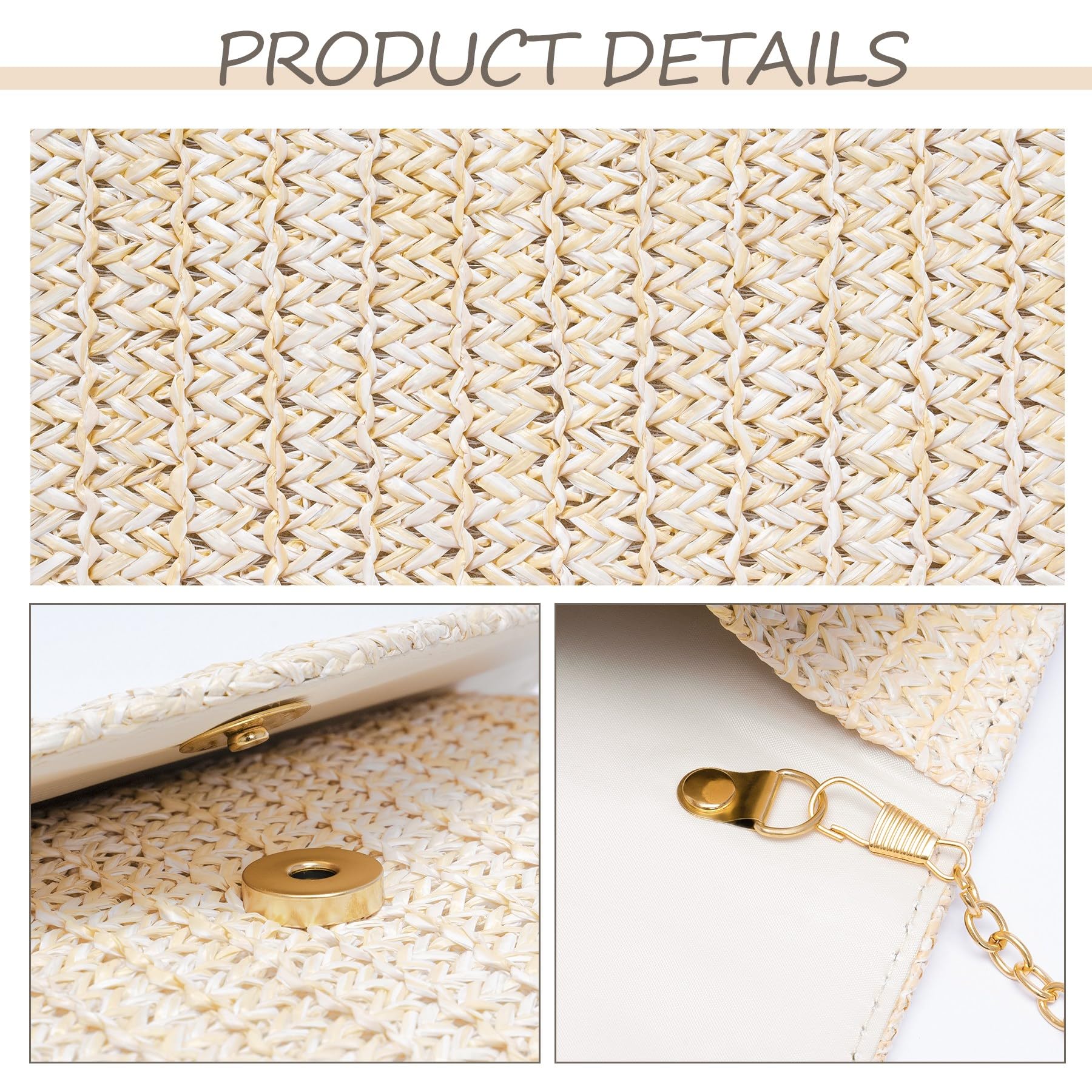 Pochettes et Clutches Femme en Paille, Enveloppe Sac Paille de Plage à Bohèmes Tissé, Petit Pochette Mariage Femme avce Chaîne, Élégante Sac à Main Bandoulière Ete pour Ceremonie Vacances Prom