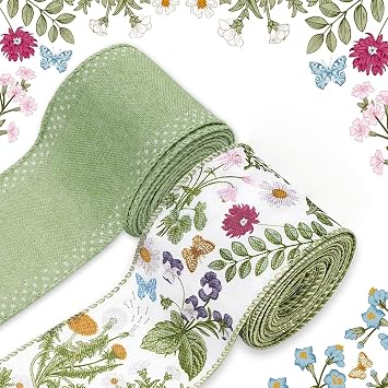 LB Green Wildflower Wired Edge Ribbon,Spring Summer Craft Ribbon Vintage Floral Fabric Ribbons for Gift Wrapping DIY Wreath Bows, Wedding Decor, Mothers Day Craft Supplies, 2 Rolls,10 Yards