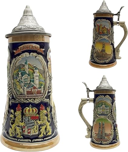 Miniatura 3 de OktoberfestHaus - Taza de cerveza alemana con temas de Bayern, Neuschwanstein y escenas de pueblo con tapa Jarra Cervecera Alemana, 1 litro