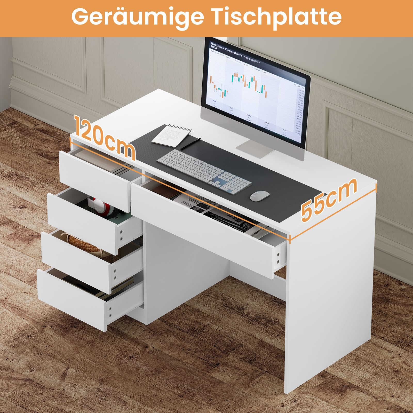 eSituro Schminktisch Weiß mit 5 Schubladen Ohne Spiegel, Schreibtisch Computertisch mit Stauraum, Bürotisch PC Tisch für Jugendzimmer Schlafzimmer, 120x55x75 cm