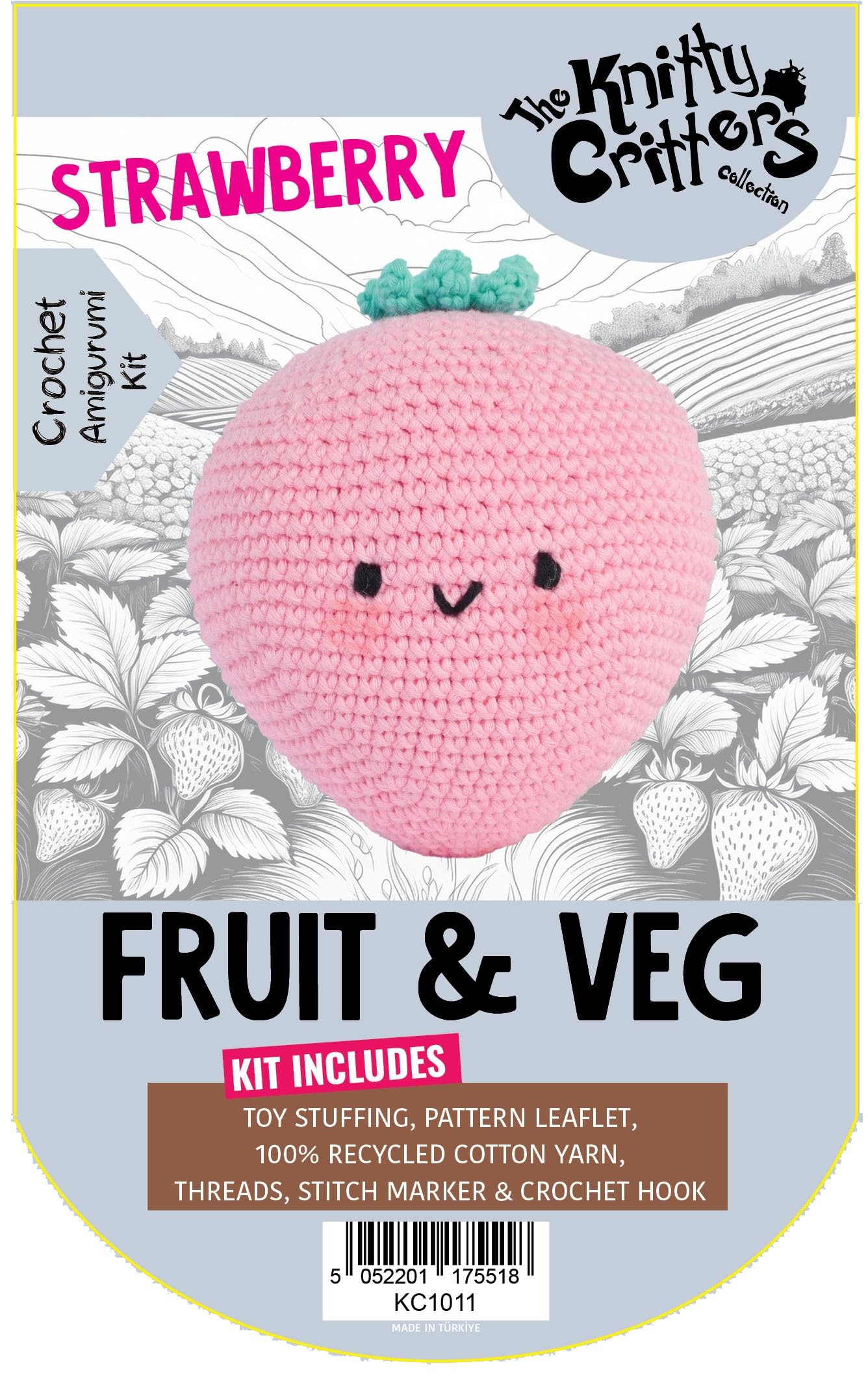KNITTY CRITTERS – Fruit and Veg Crochet Kit – Strawberry| Beginner-Friendly Crochet Craft Kit with Recycled Yarn
