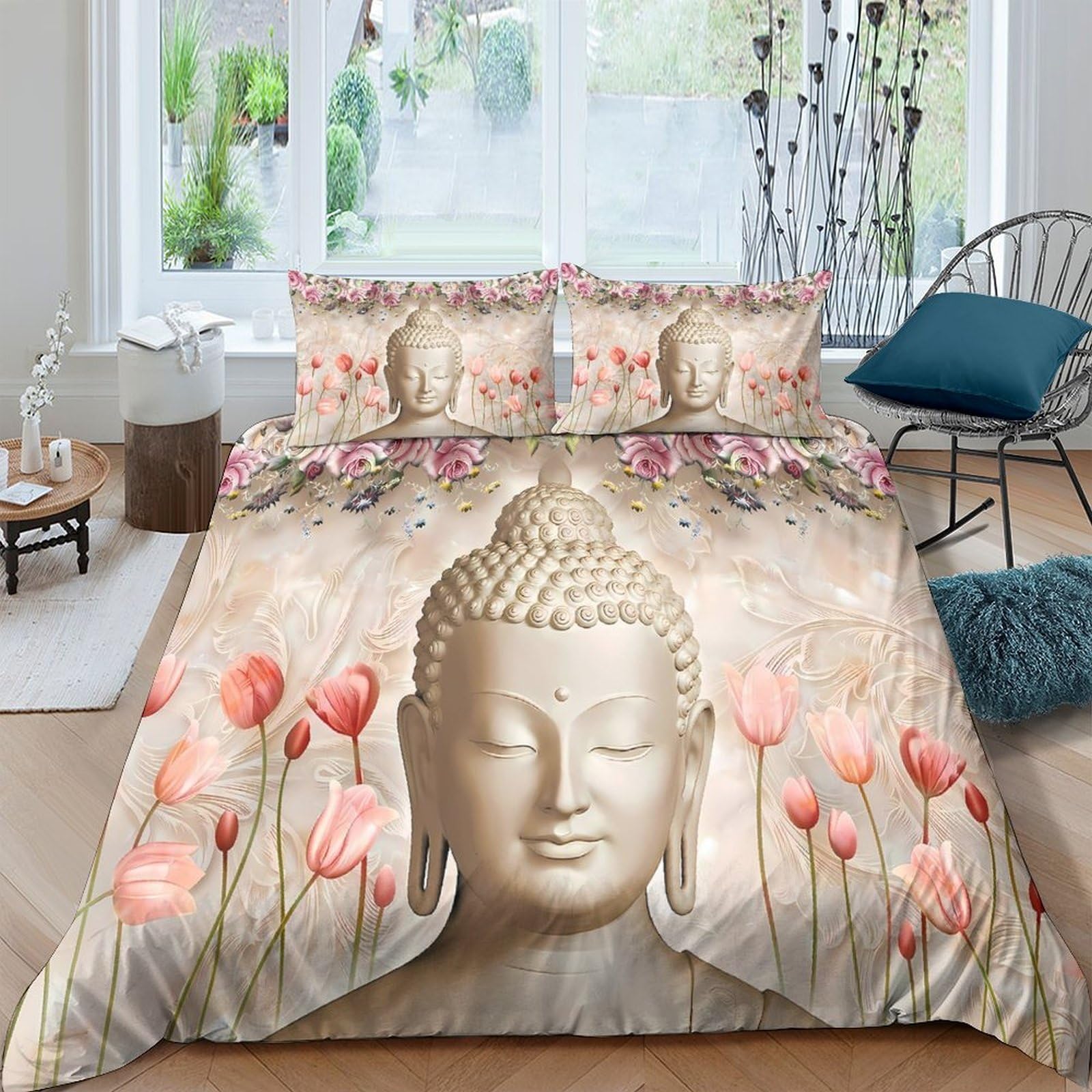 TUFRTGYHN 3D Printed Buddha Floral Duvet Cover Microfiber Soft Breathable Tulip Quilt Cover Set with 2 Pillowcases for Bedroom Decor Single（135x200cm）