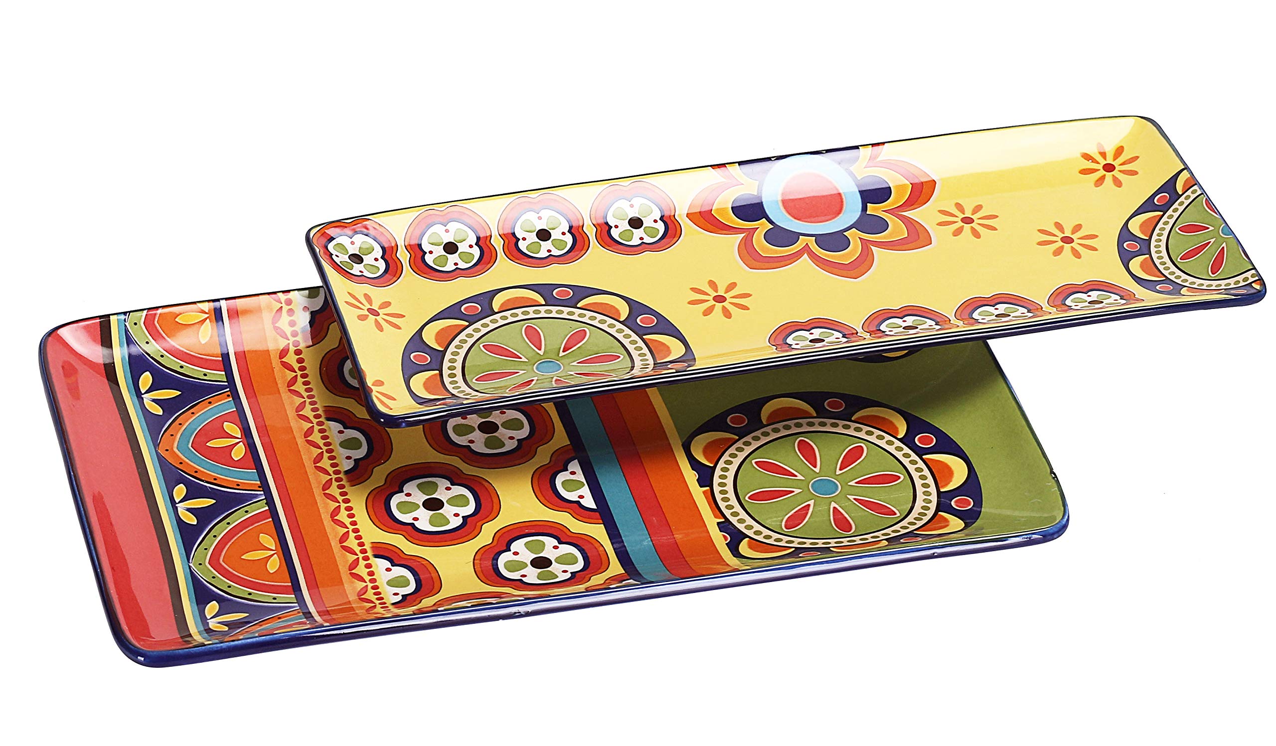 Bico Tunisian Ceramic 14 inch Rectangular Serving Platter, Set of 2, for Serving Salad, Pasta, Cheese, Ham, Appetizer, Microwave & Dishwasher Safe