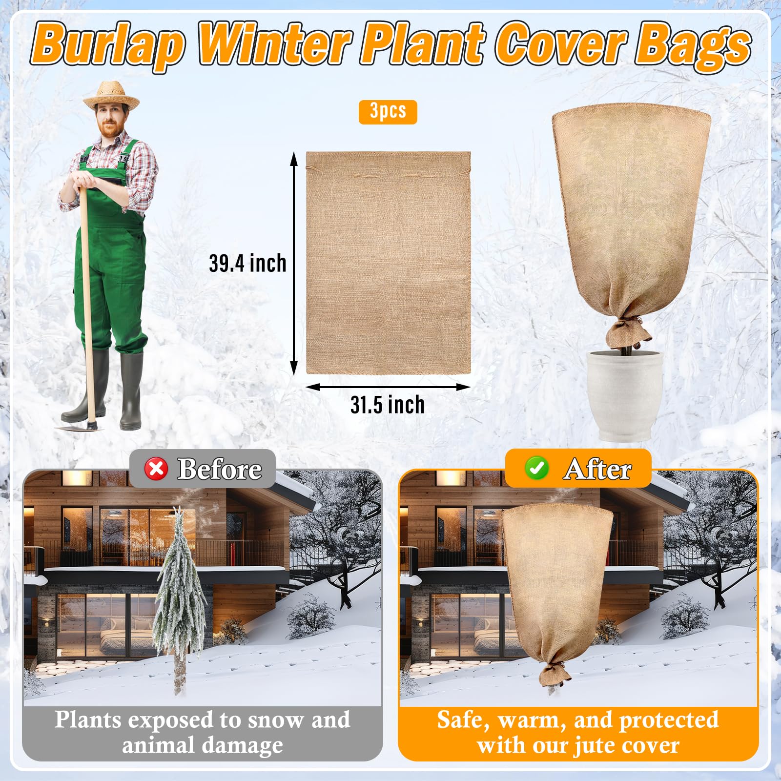 Legigo Sackleinen-Pflanzenabdeckungen, Frostschutzbeutel, Winterpflanzen-Frostabdeckungen mit Kordelzug, wiederverwendbare Baumabdeckungen, Jute, Frosttücher, Schutz für Outdoor-Pflanzen, Sträucher