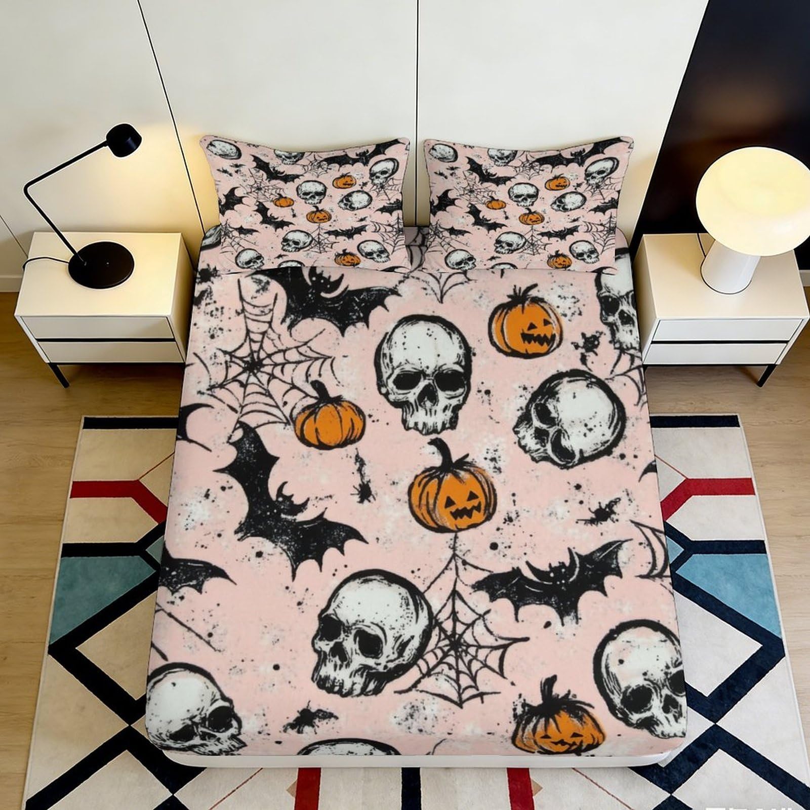 3D Printed Skull Pumpkin Fitted Sheet Microfiber Soft Pink Bat Spider Bed Cover for Bedroom Dorm Mattress Decor 90x200x25cm
