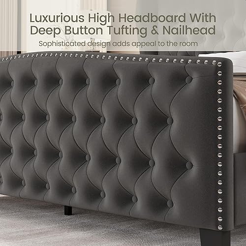 Miniatura 4 de LARMACE Base de cama tamaño King con plataforma tapizada de terciopelo con cabecera con respaldo de alas y pie de cama, base de cama capitoné con