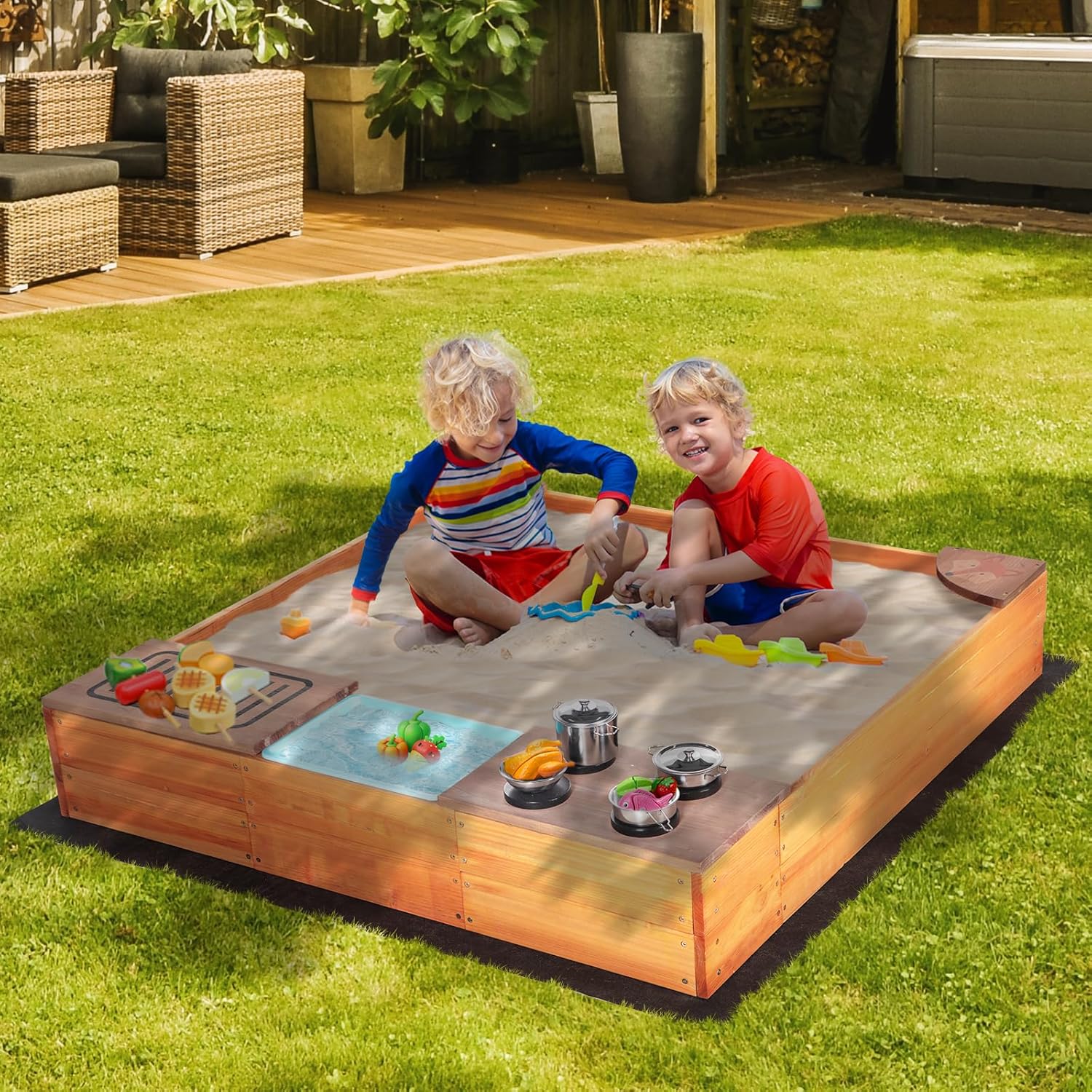 Kids Sandbox with Kitchen Playset, 2 in 1 Wood Sand Pit with Cover & Bottom Liner, Outdoor Toddler Sand Box with Corner Seats, Storage Bin, Sink & Cooking Accessories for Garden Beach Backyard