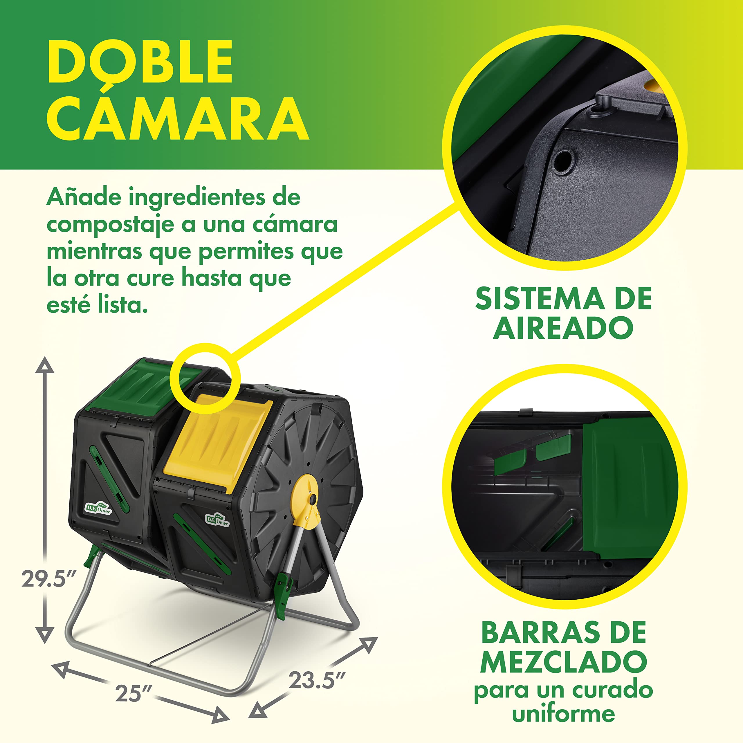 DF OMER Contenedor Doble Cámara para Abono – con Sistema Easy Turn 2 Puertas Corredizas, Marco De Acero Resistente - Sin BPA, con Protección UV (70L / 18.5 GAL)