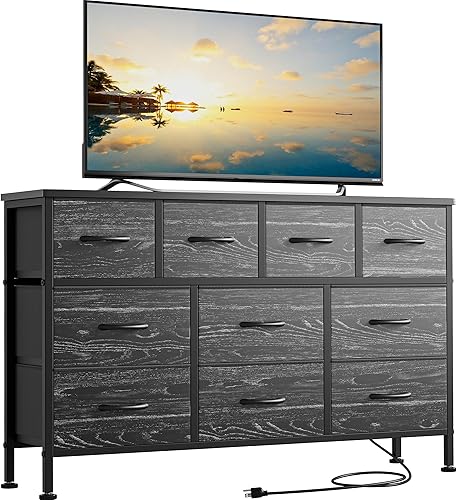 Lulive Cómoda de 10 cajones, soporte de TV con toma de corriente, cómoda para TV de 55 pulgadas de largo, cómoda de tela ancha para almacenamiento y