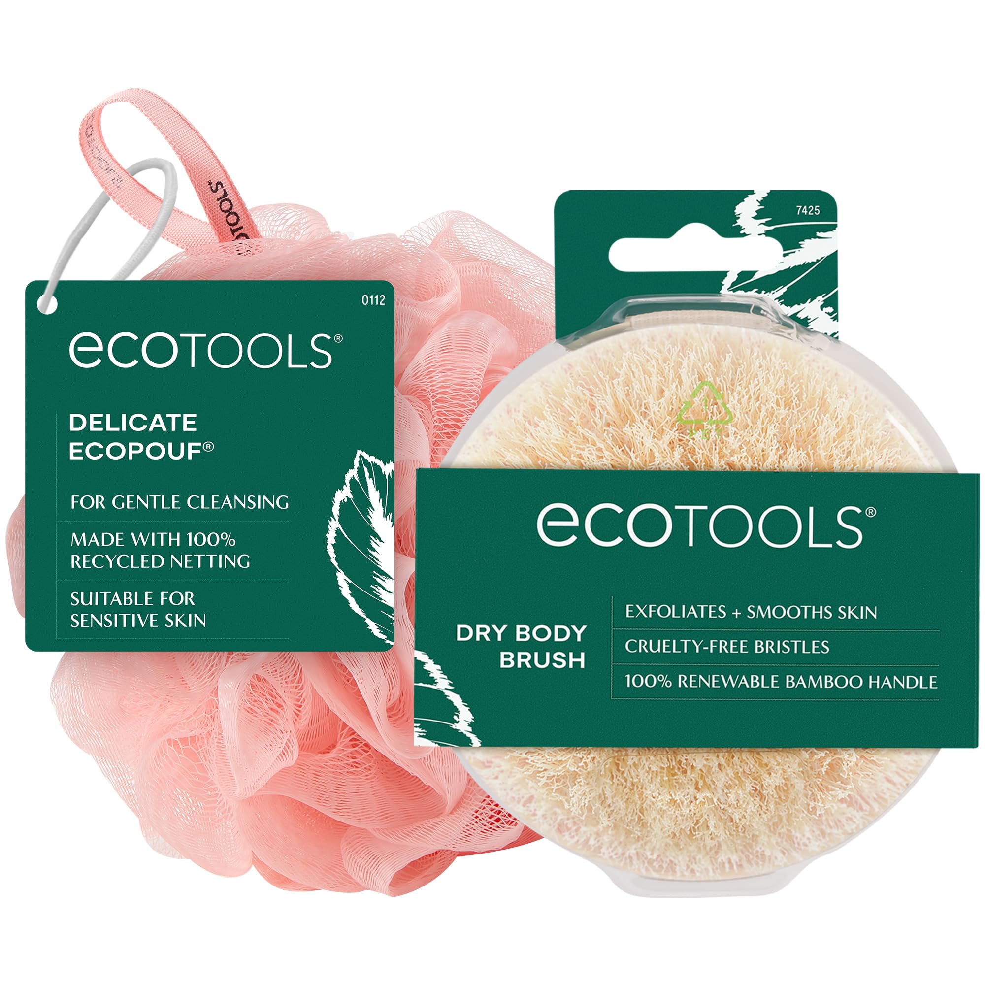 EcoTools Dry Body Brush for Circulation, Dead Skin Removal + Pink Delicate EcoPouf Made with Recycled Netting for Cleansing & Exfoliating Sensitive Skin, Self-Care Gifts
