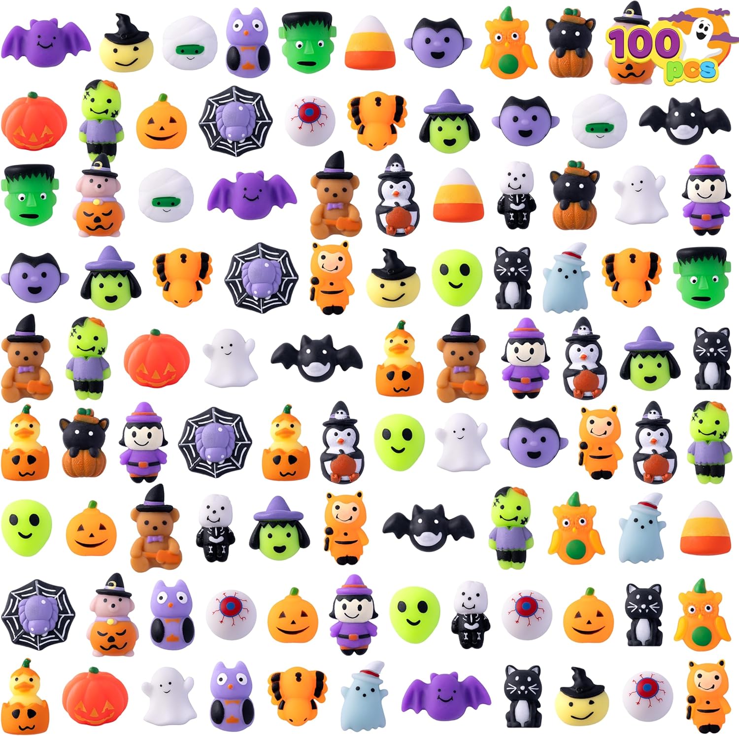 JOYIN 100 Pcs Halloween Mochi Squishy Toys for Kids Gift, Halloween Kawaii Sensory Stress Relief Toys for Halloween Party Favors Decor, Trick or Treats Classroom Prizes Goodie Bag Fillers