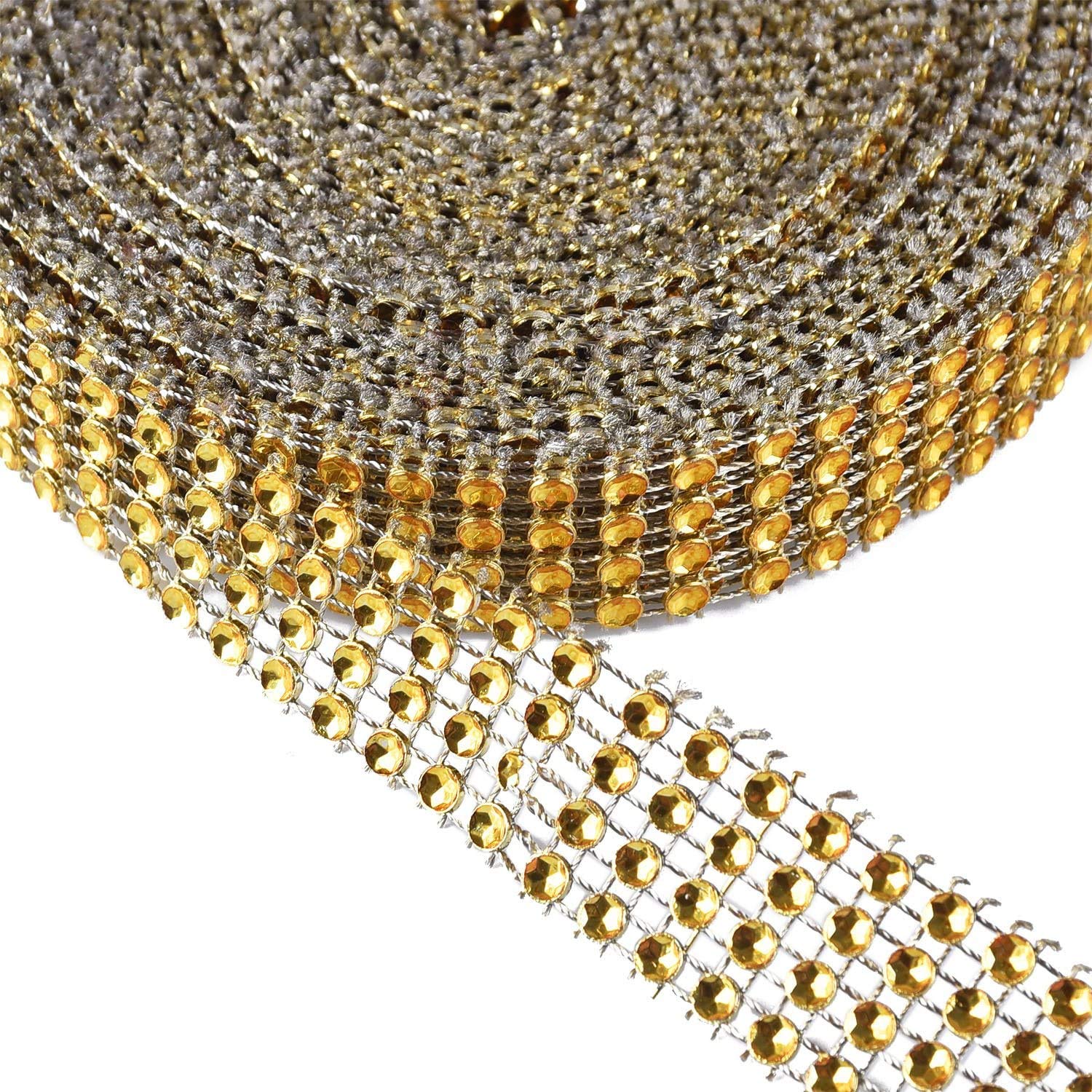 POFET Nastro con strass acrilici da 2 cm, 4 file, 9,1 m, per torte nuziali, decorazioni di compleanno, eventi baby shower e progetti artistici e artigianali, colore: oro