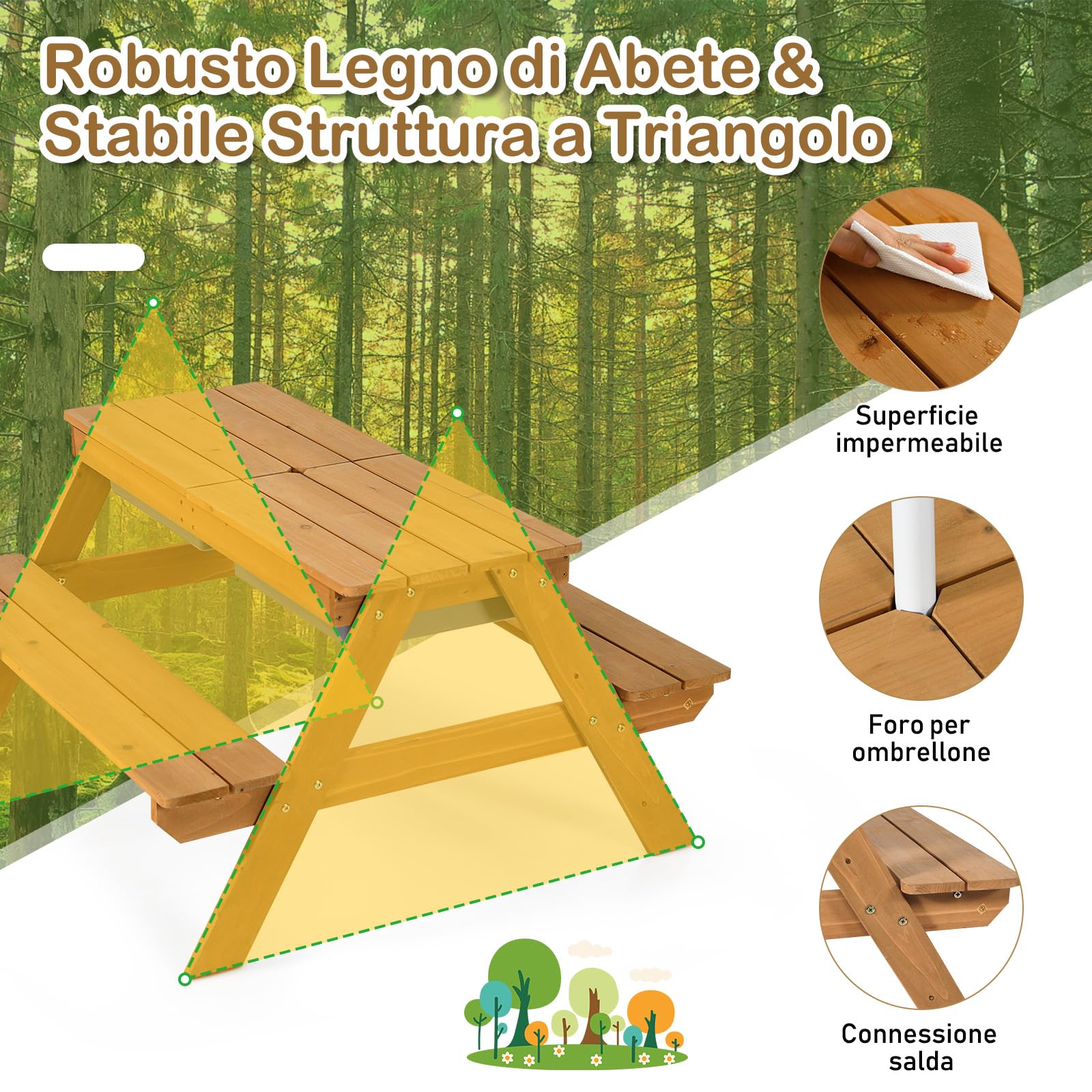 GYMAX Set Tavolo da Picnic 3 in 1 per Bambini, con Ombrello Rimovibile e Pieghevole e 2 Scatole, Set di Tavolo e Panca in Legno per Esterno Giardino Patio (Bianco+Verde)