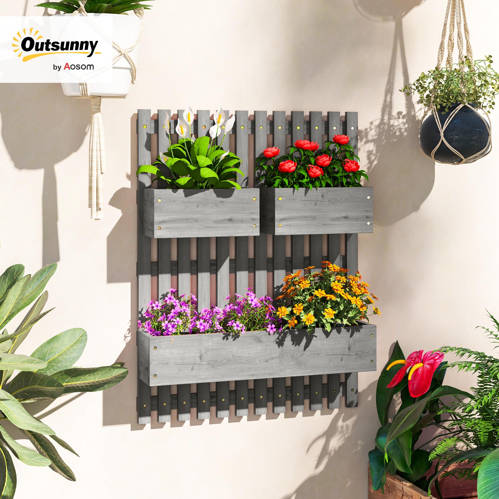 Outsunny - Jardinera de pared con huerto con 3 contenedores de madera maciza extraíbles, tela no tejida, 60 x 16 x 80 cm, color gris