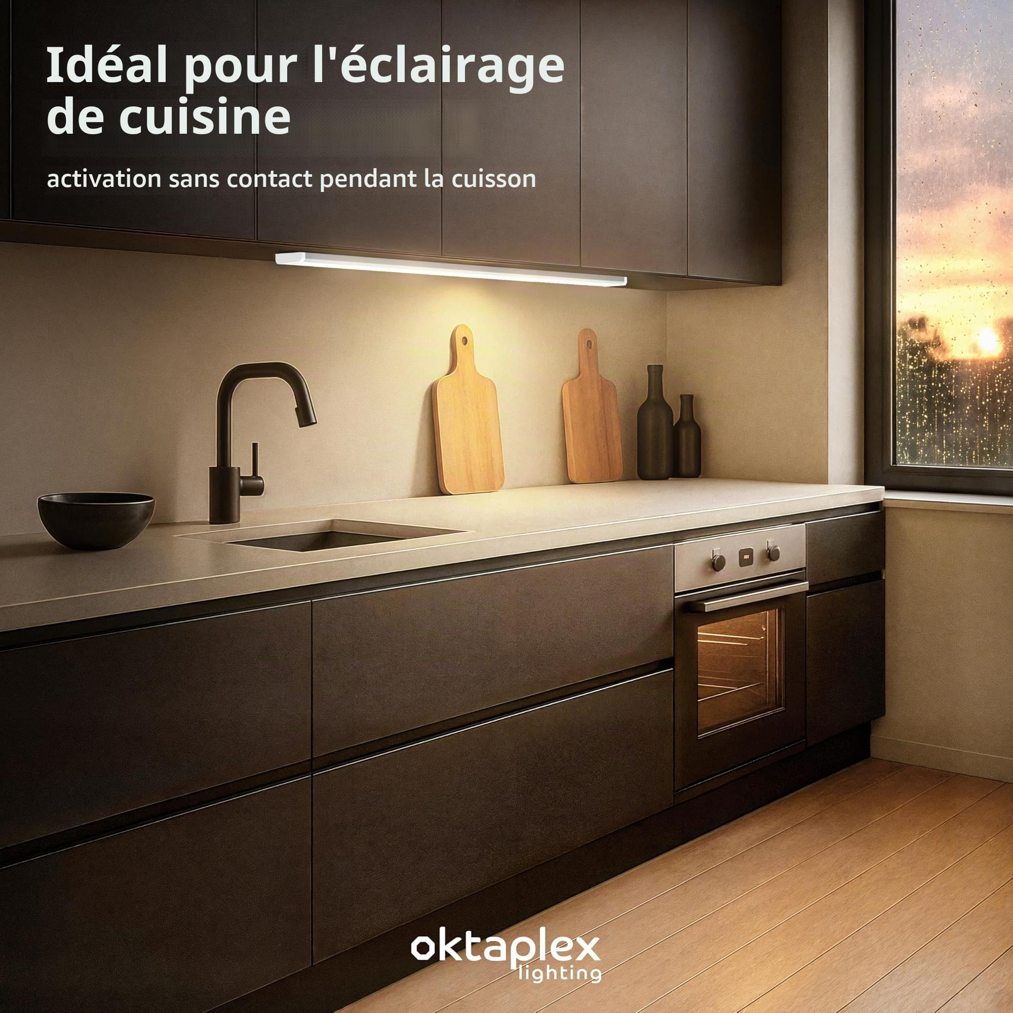 Oktaplex lot de 1 Riva réglette LED cuisine 90 cm avec capteur | 9.9 W avec 760 lm en blanc neutre 4000K sur 230V, aluminium, variation gestuelle