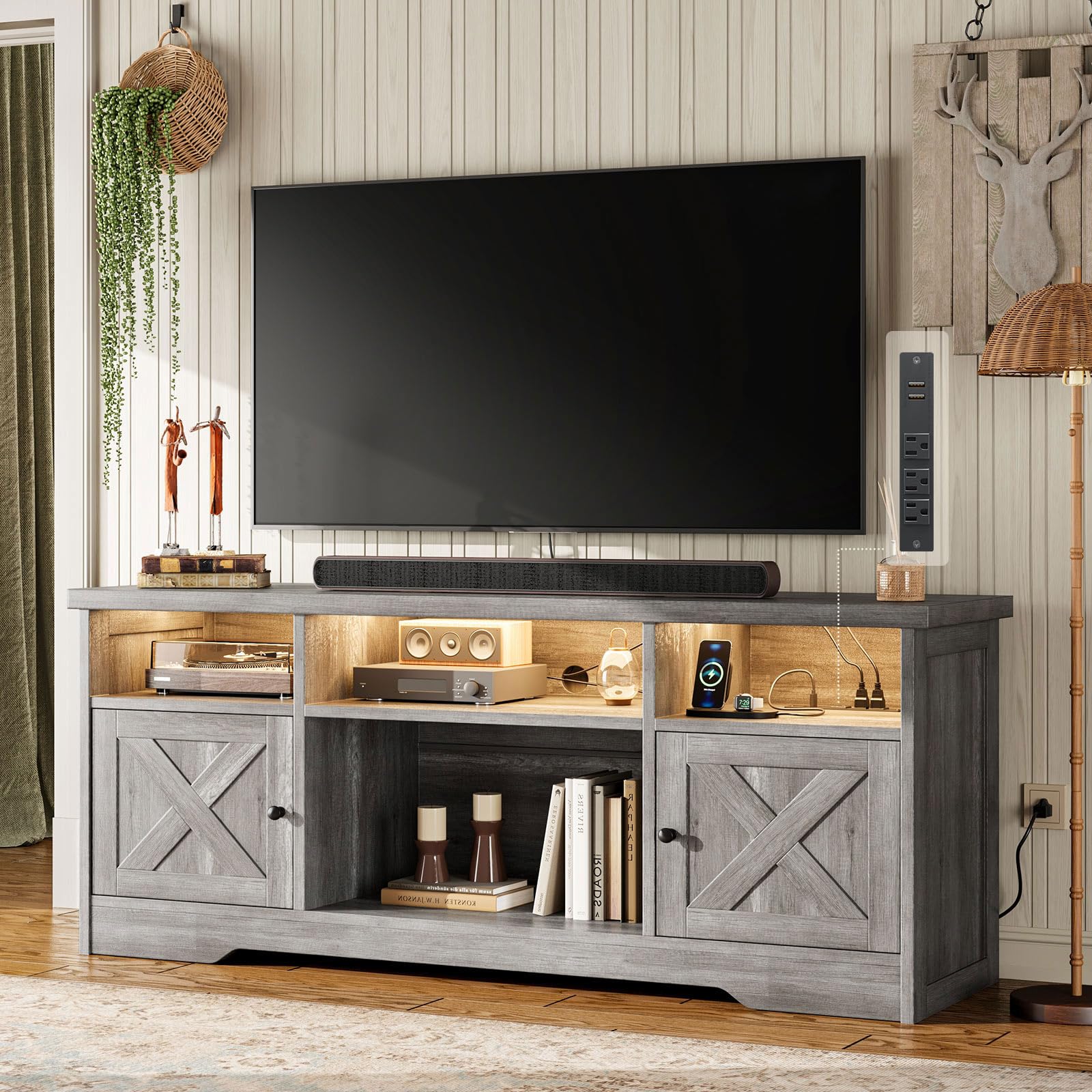 Casaottima TV Stand for 65 Inch TV, Farmhouse Entertainment Center with Power Outlet & LED Light and Storage Cabinets, Console Table and Media