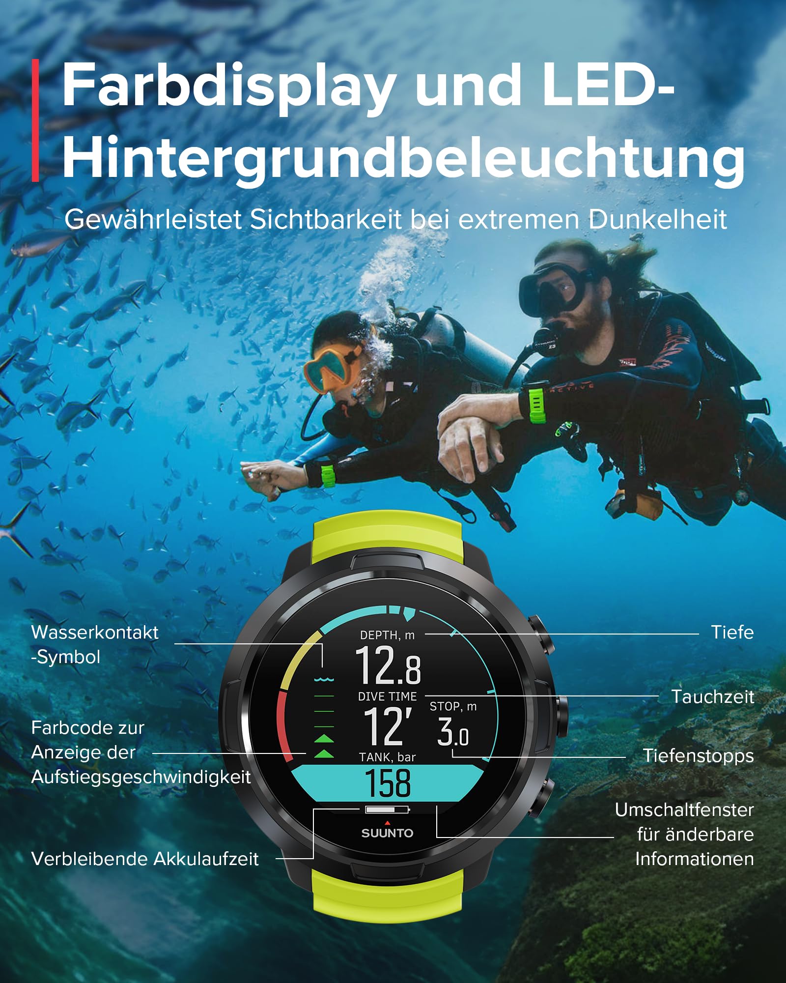 SUUNTO D5 Tauchcomputer mit Farbdisplay, 100m Wasserdicht, Alarmfunktion, Stoppuhr, Wetterinformationen, Kompass und Einer Akkulaufzeit von bis zu 12 Stunden im Tauchmodus