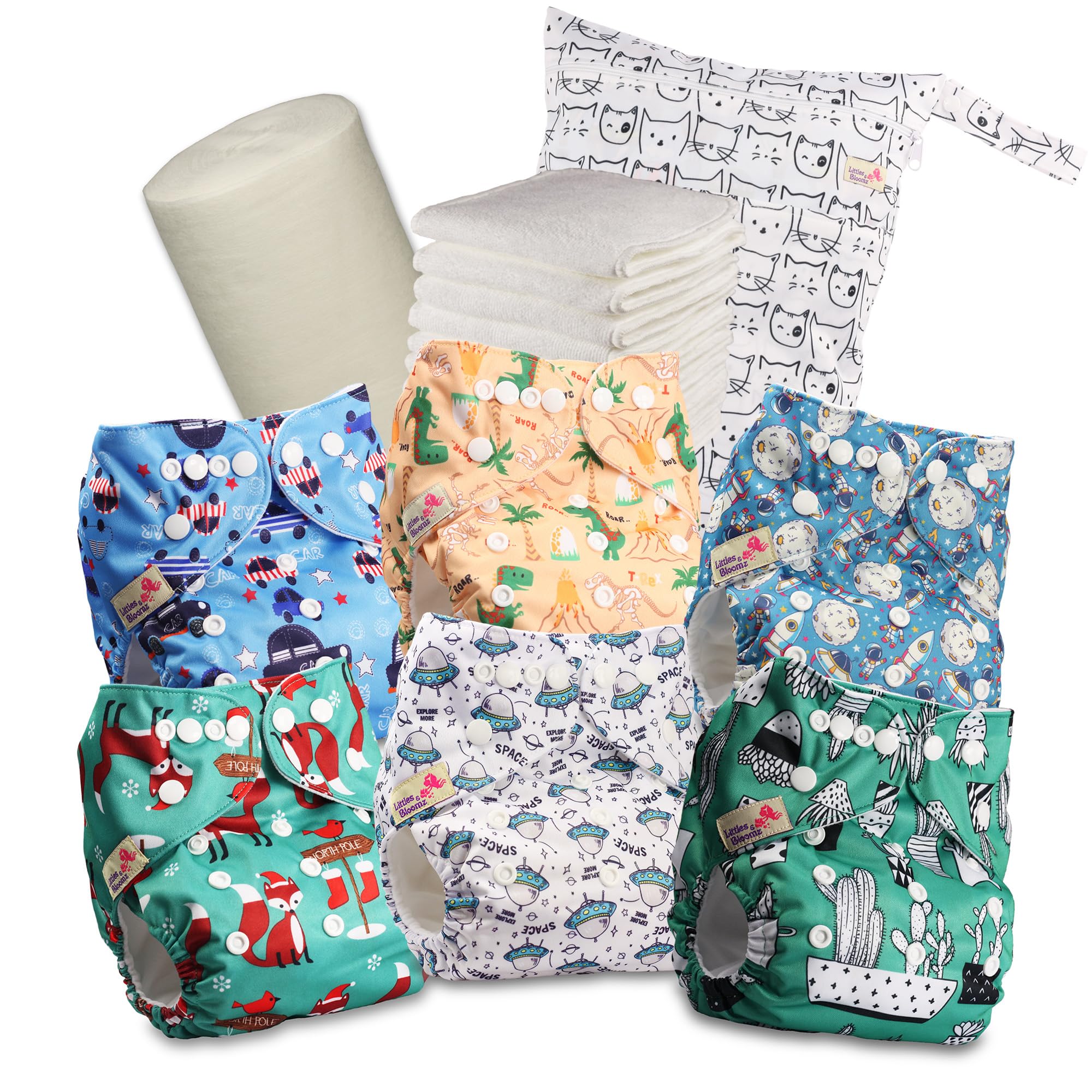 Reusable Nappies – Pocket Cloth Nappy with Standard Poppers, 6 Nappies + 6 Microfibre Inserts, Bamboo Liner & Wet Nappy Bag 632PM6