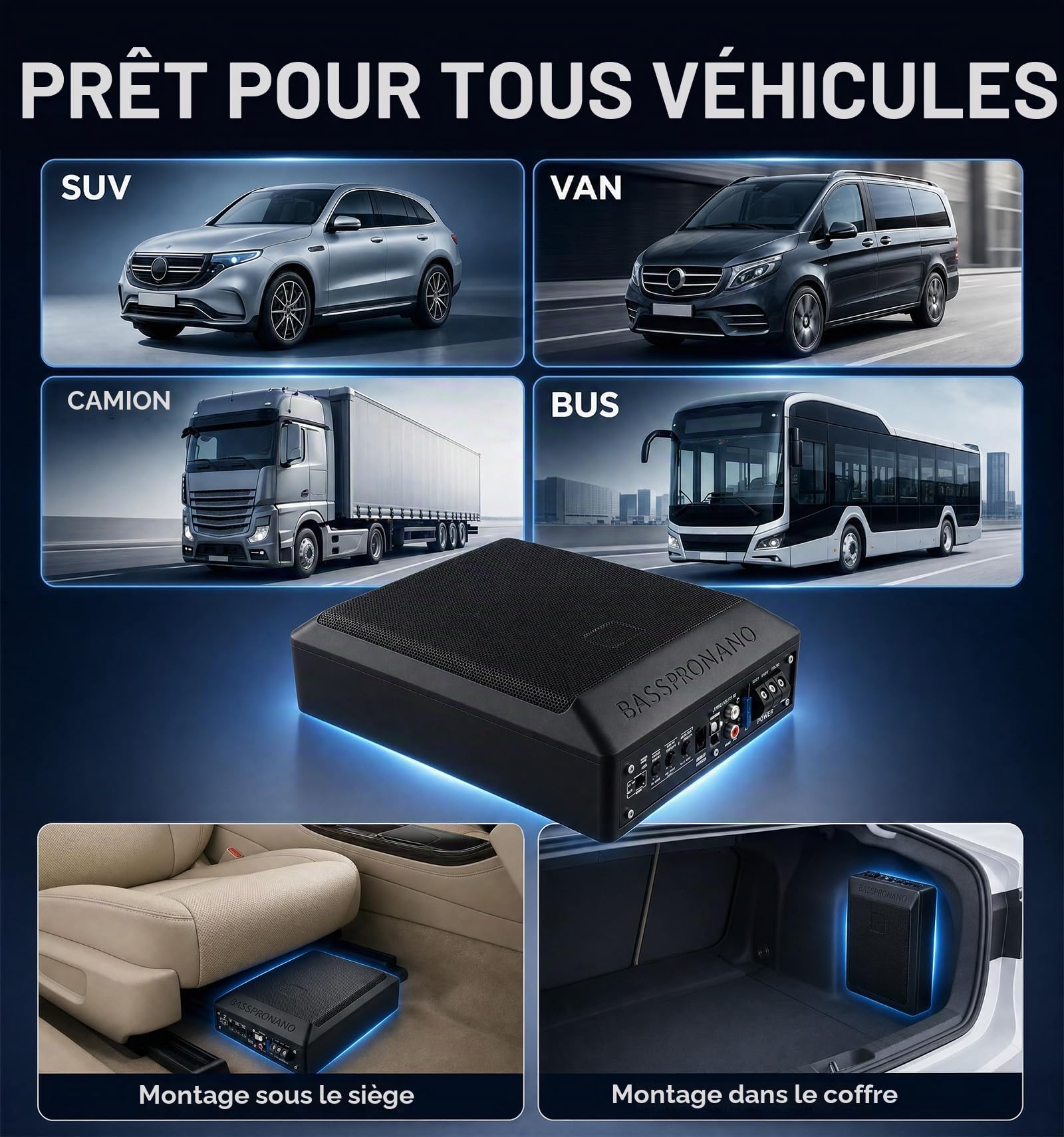 SIXWIN Caisson de Basses Actif 1000W – Subwoofer Plat 8 Pouces pour Voiture avec kit de Câblage Amplificateur, 20–200 Hz, 2,8 Ω, 12V, Subwoofer Compact, Basses Profondes