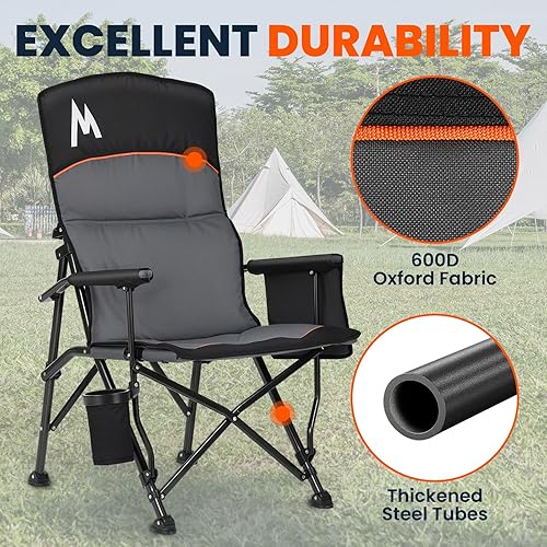Miniatura 8 de Overmont Silla de campamento con soporte de respaldo para adultos, de gran tamaño con respaldo alto ajustable, silla plegable resistente que soporta